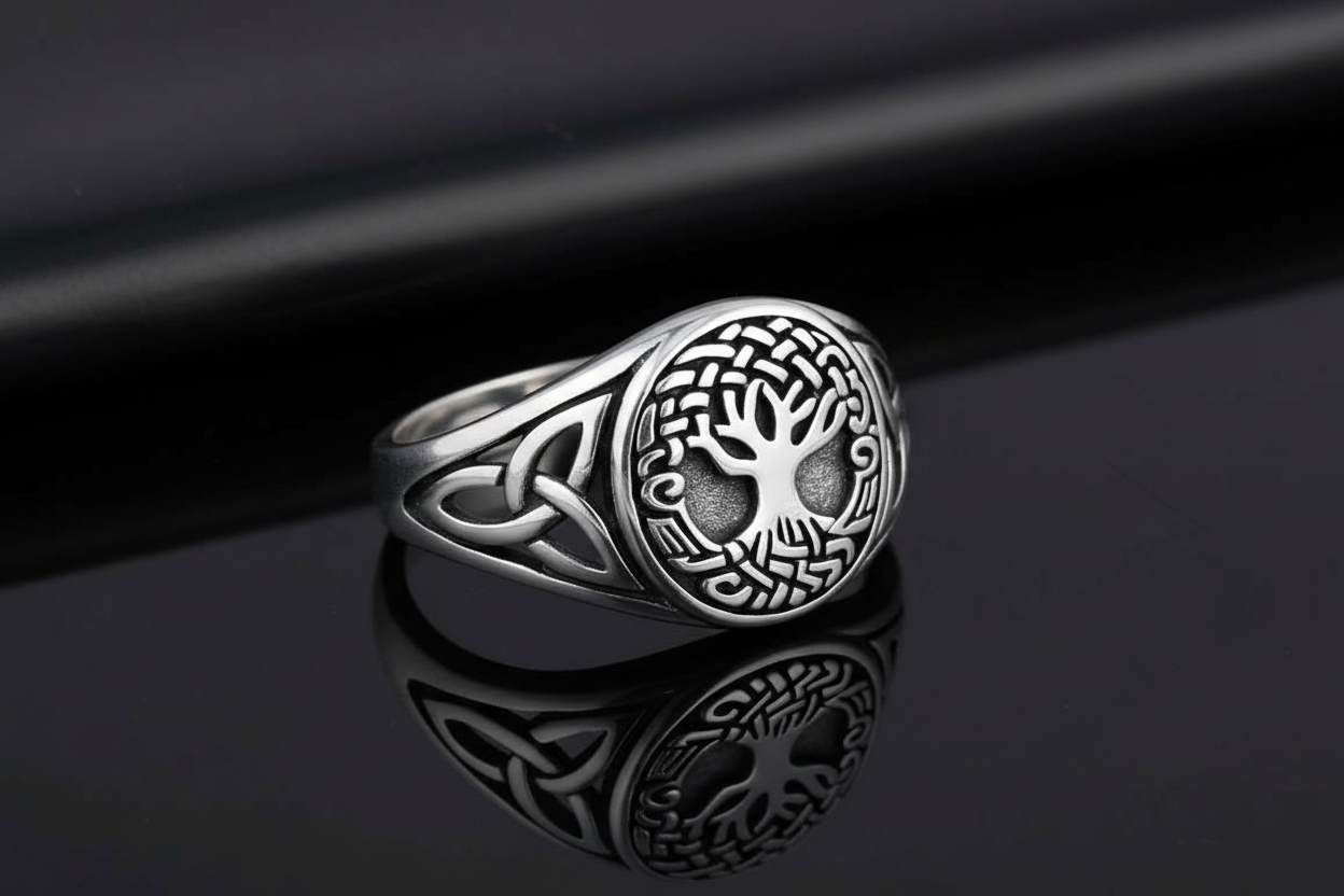 Sterling Silver Tree of Life Men's Ring, 12mm Face, Engagement, trendy