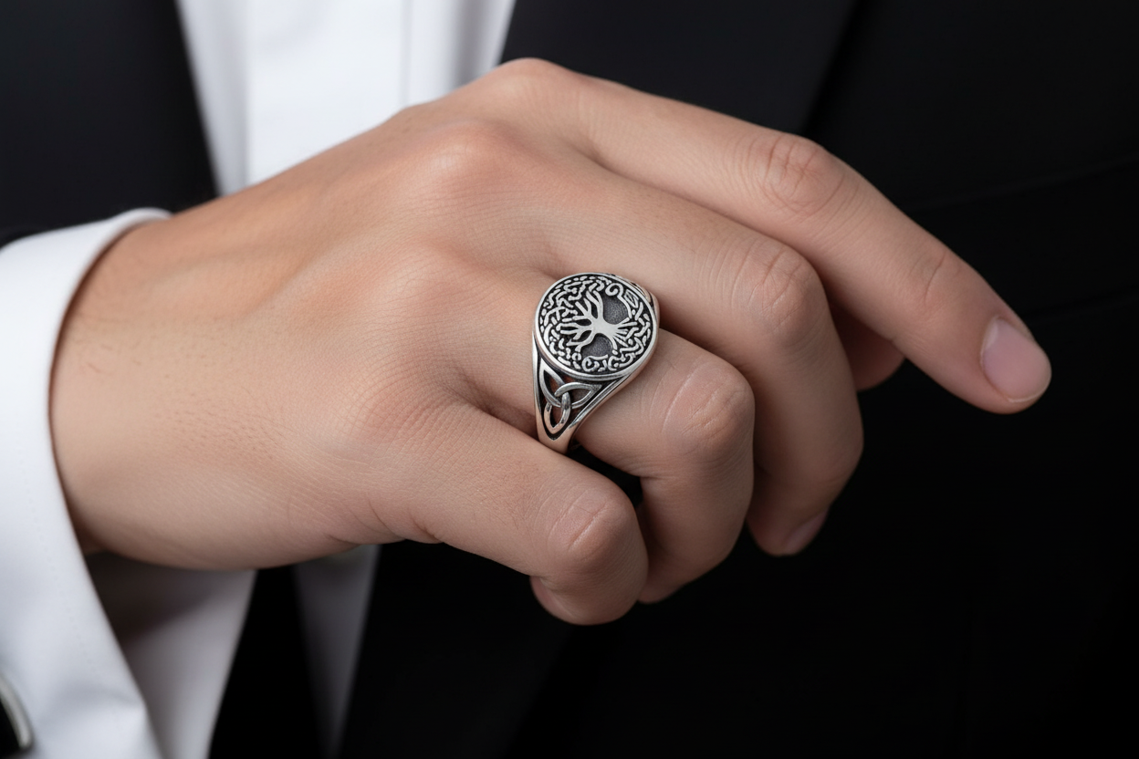 Sterling Silver Tree of Life Men's Ring, 12mm Face, Engagement, trendy