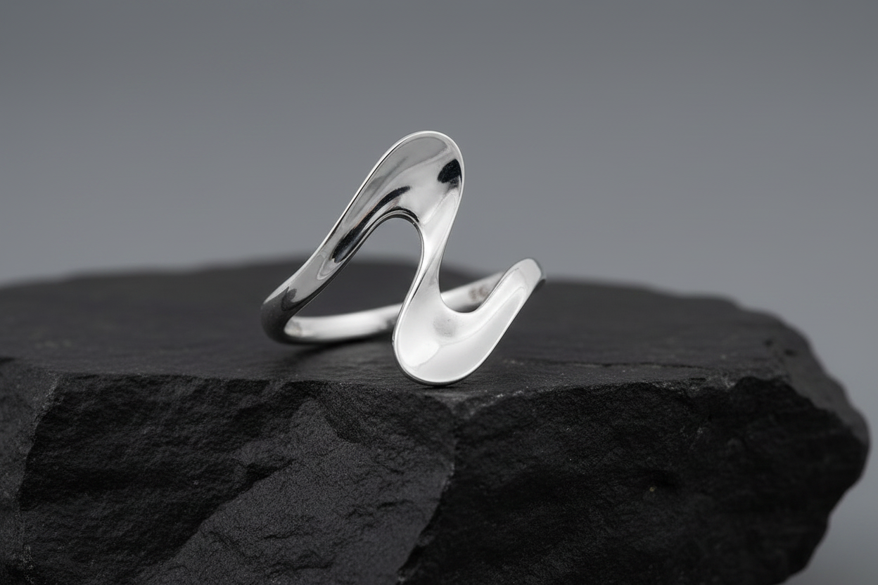 Sterling Silver Wave Ring - Geometric 925 Stamped, Non-Tarnish, Modern Elegance