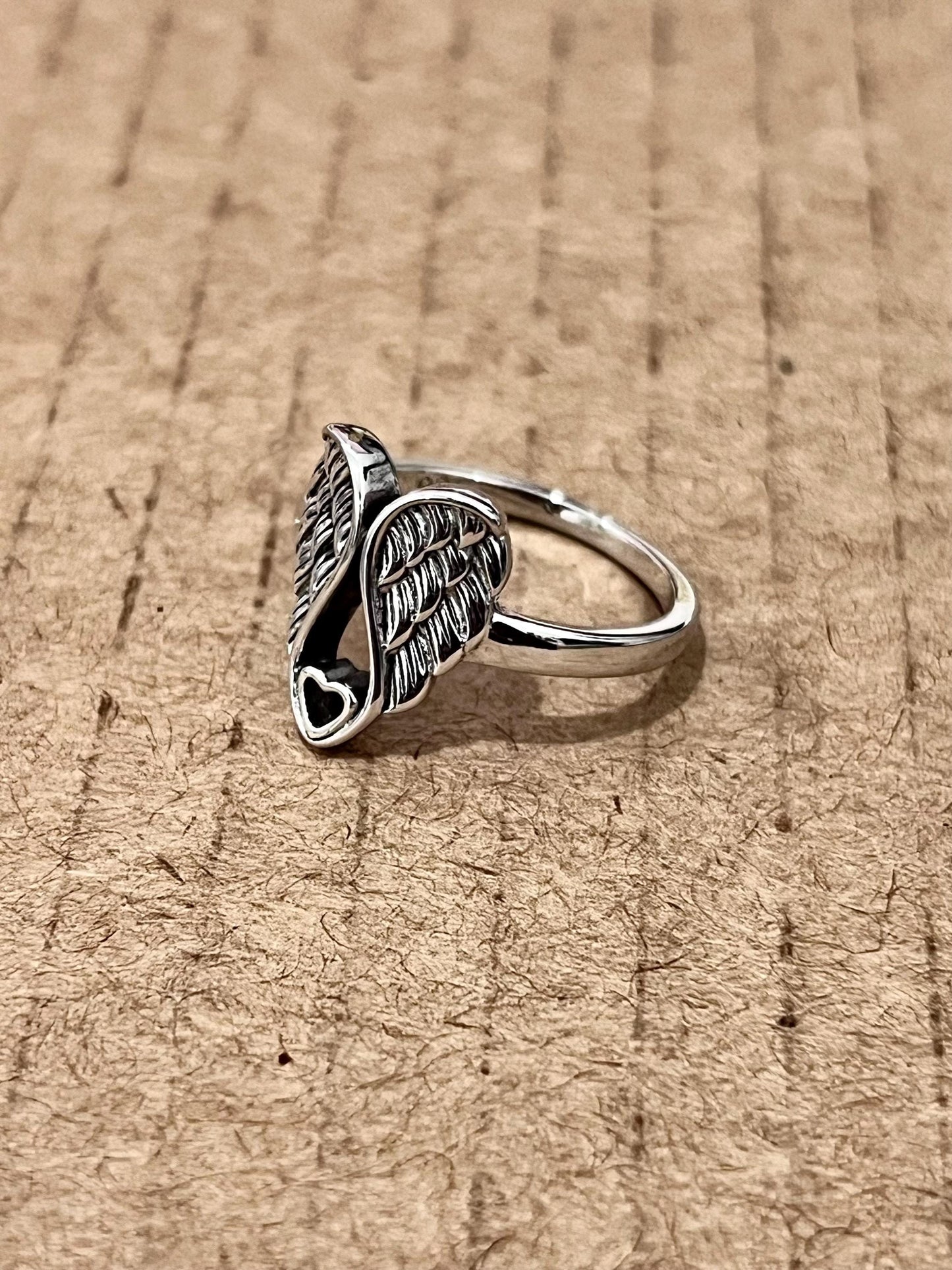 Sterling Silver Wings Ring: Heart Detail, Rhodium Plated