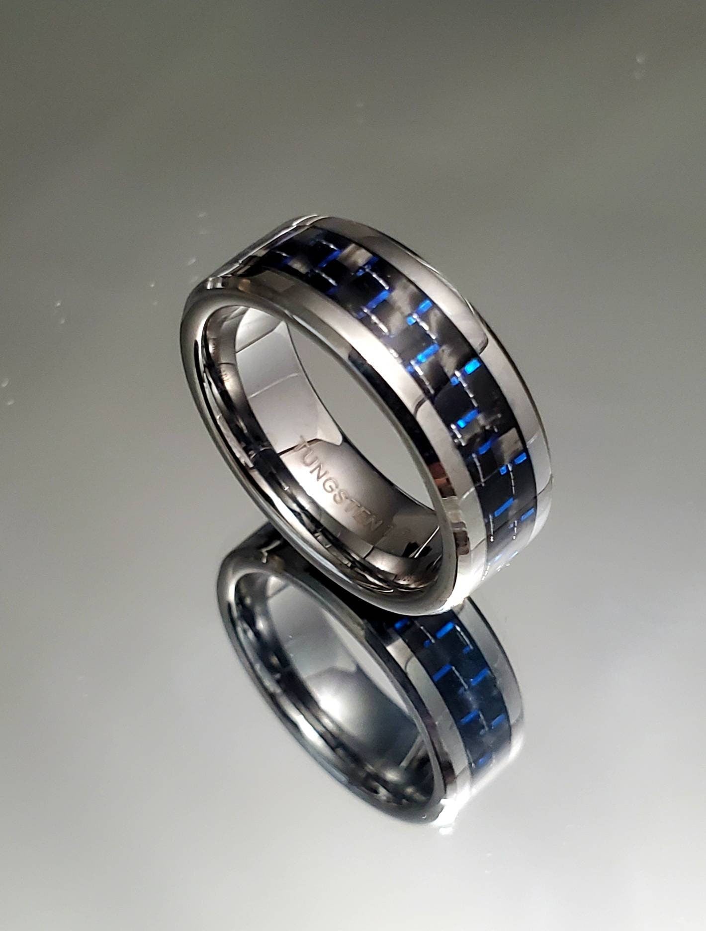 Tungsten Men's Ring, 8mm Ring With Dark Blue Carbon Fiber Inlay, Men's Statement Band