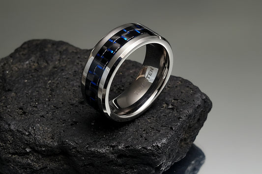 Tungsten Men's Ring, 8mm Ring With Dark Blue Carbon Fiber Inlay, Men's Statement Band
