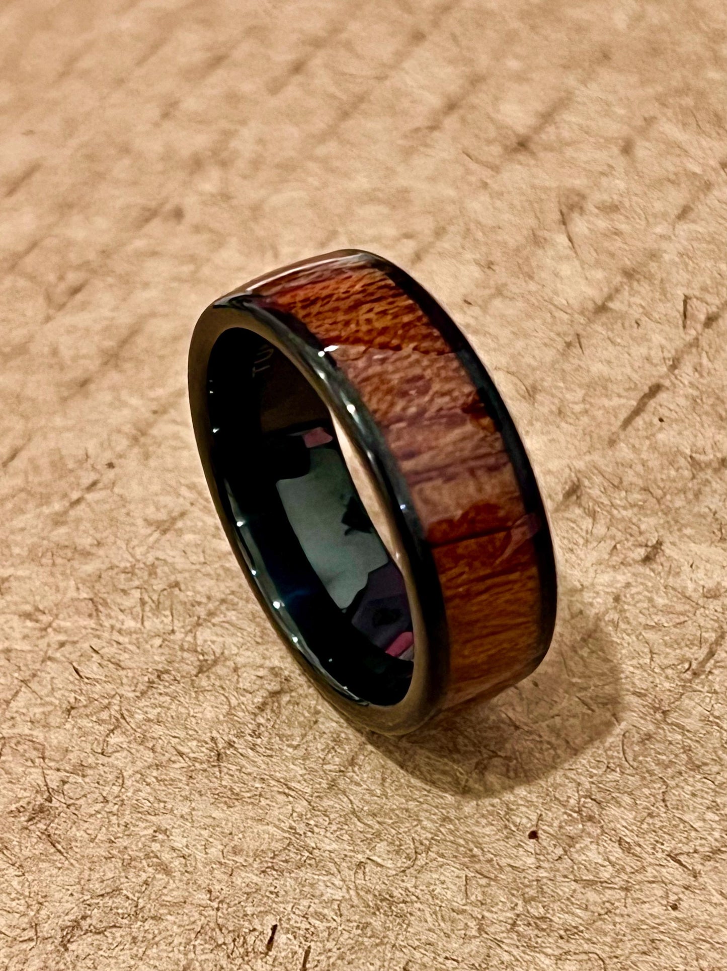Wood Inlay Tungsten Band - 8mm Polish Black Ring for Men