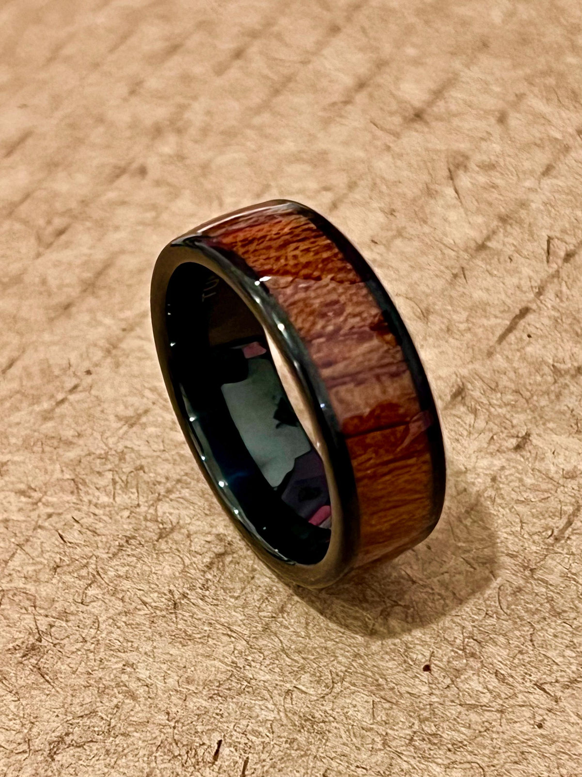 Wood Inlay Tungsten Band - 8mm Polish Black Ring for Men