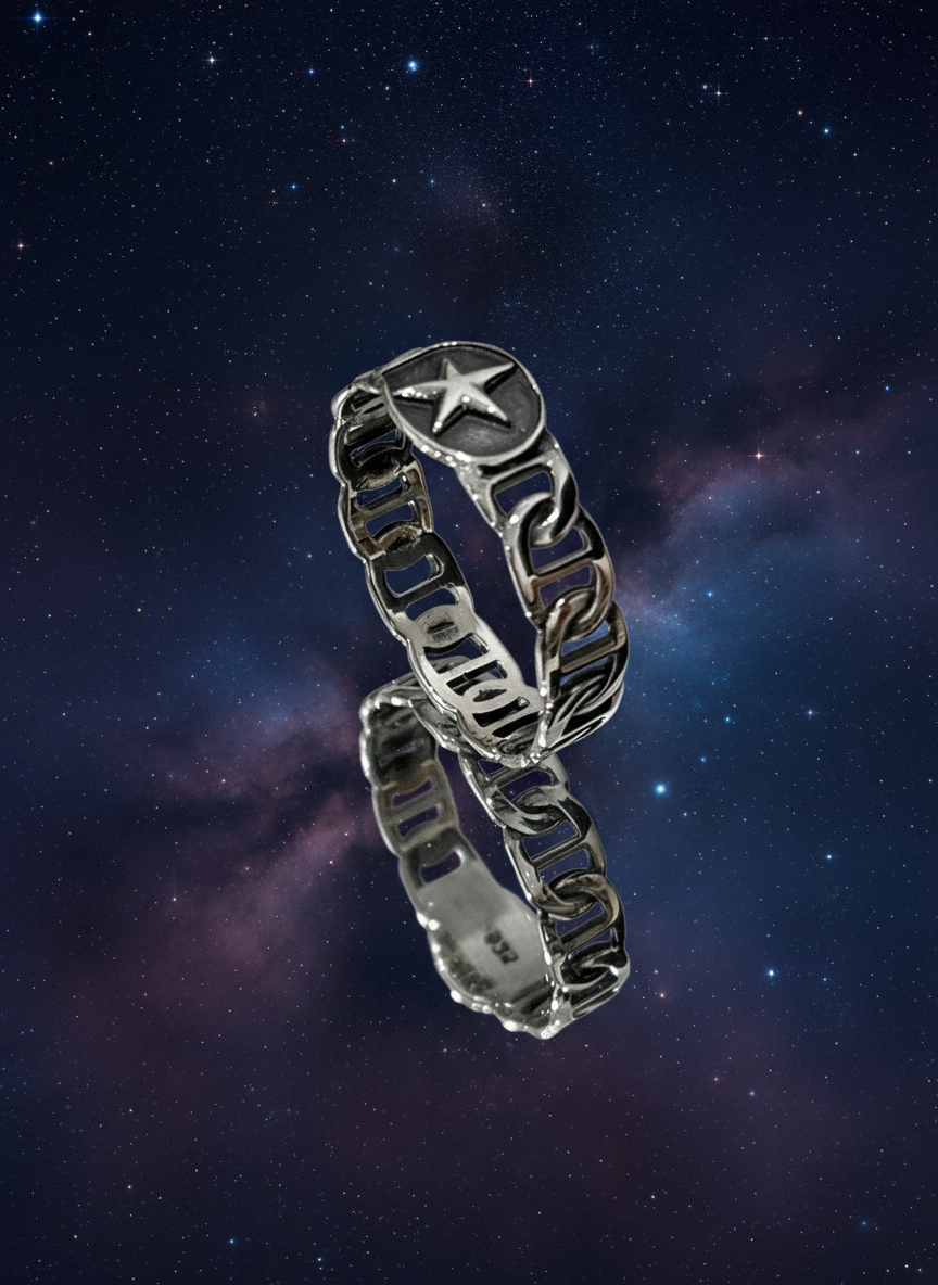 Shooting Star Chain Ring, Unisex, Linked Band, 10mm Non tarnish, Gift for him/her