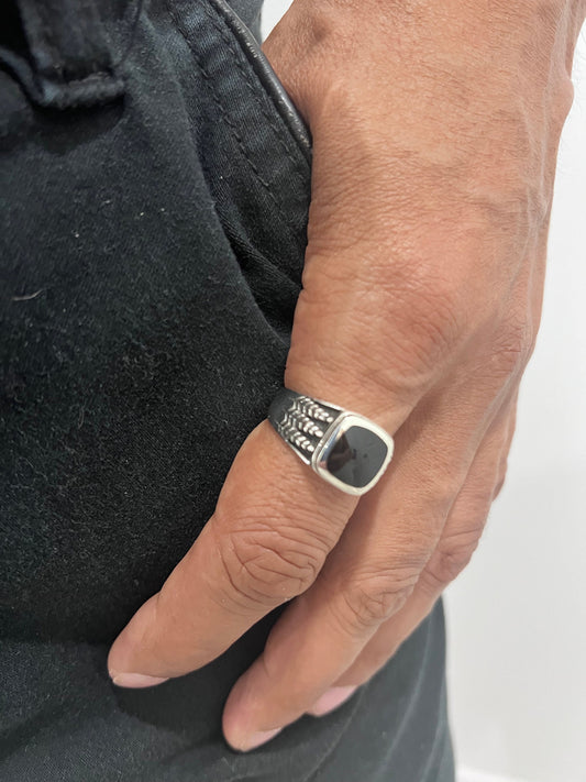 Leaves of 420 Onyx Stone Men's Silver Ring