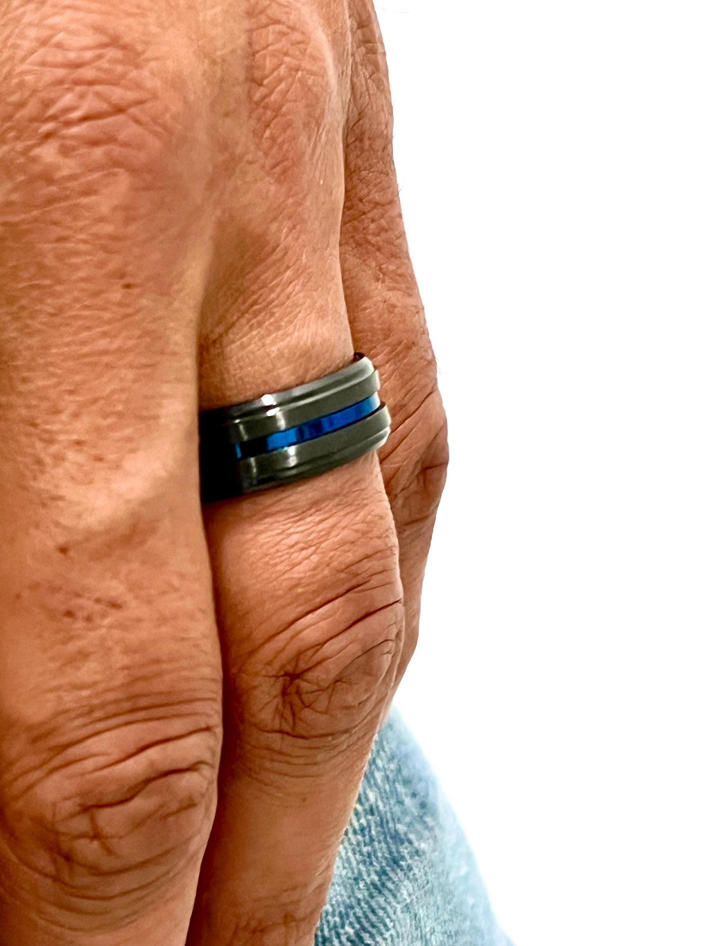 Blue Stripe Black Stainless Ring