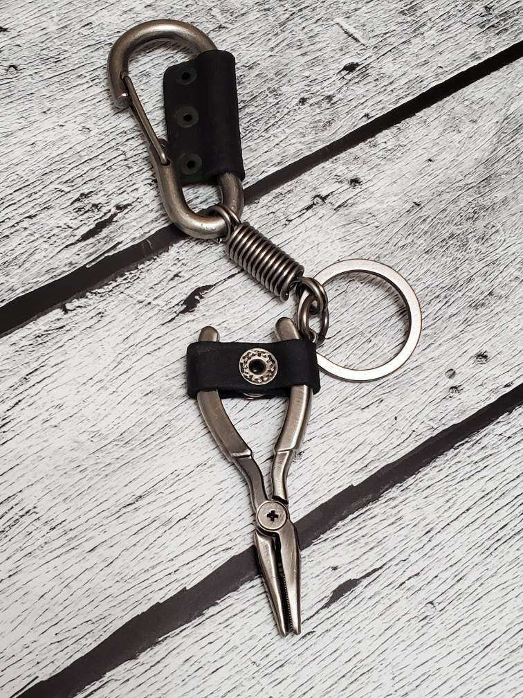 Stainless Steel Key Chain, Needle Nose Pliers & Leather Keychain, Tool Key Chain, Gift for him, Men, Multi Use Tool, Mechanic, Contractor