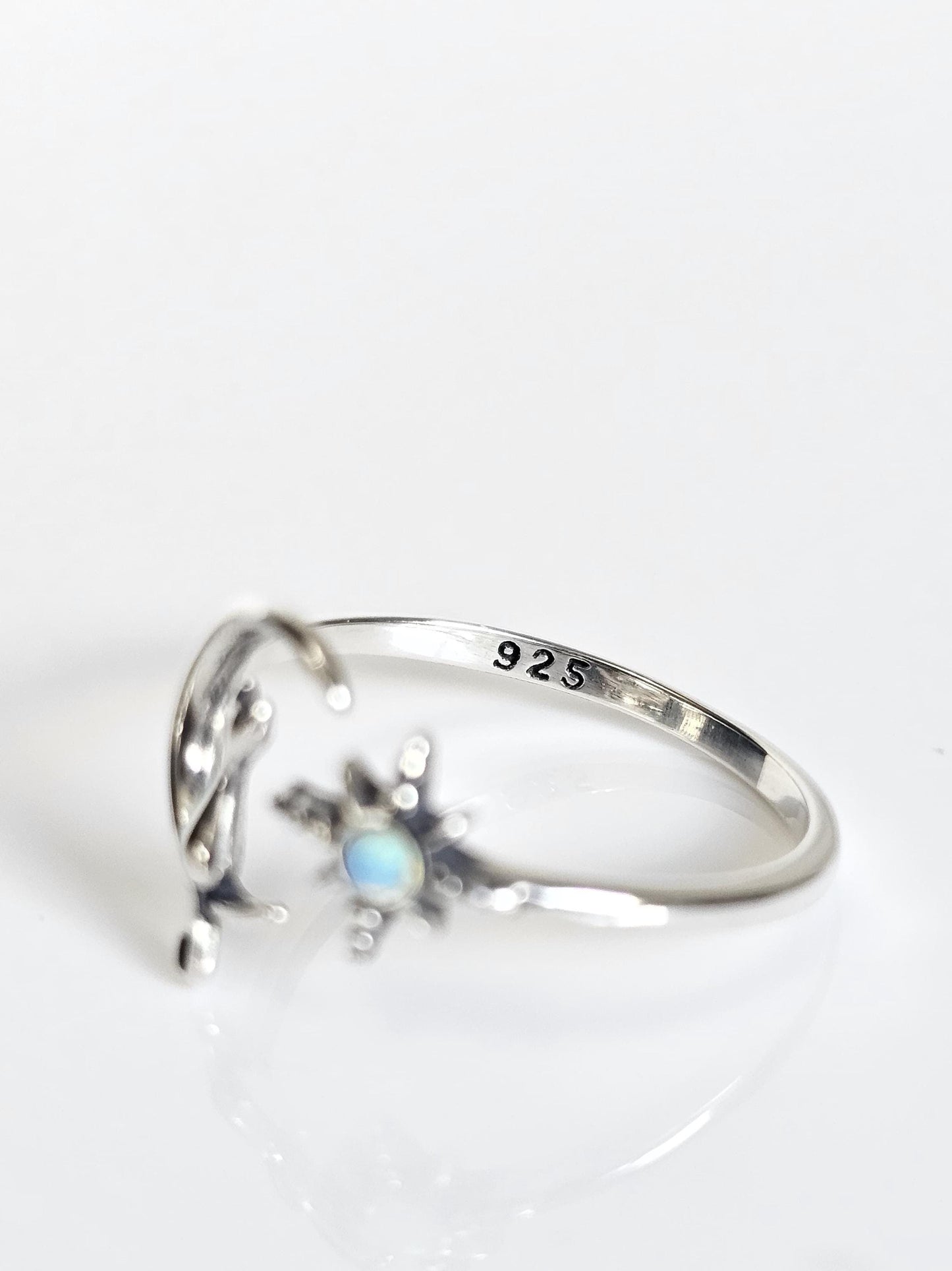 Cat on Moon Ring White Lab Opal or Plain Silver– Dainty Sterling Silver 925, Adjustable Thin Band, Cat & North Star Jewelry, Boho Gift