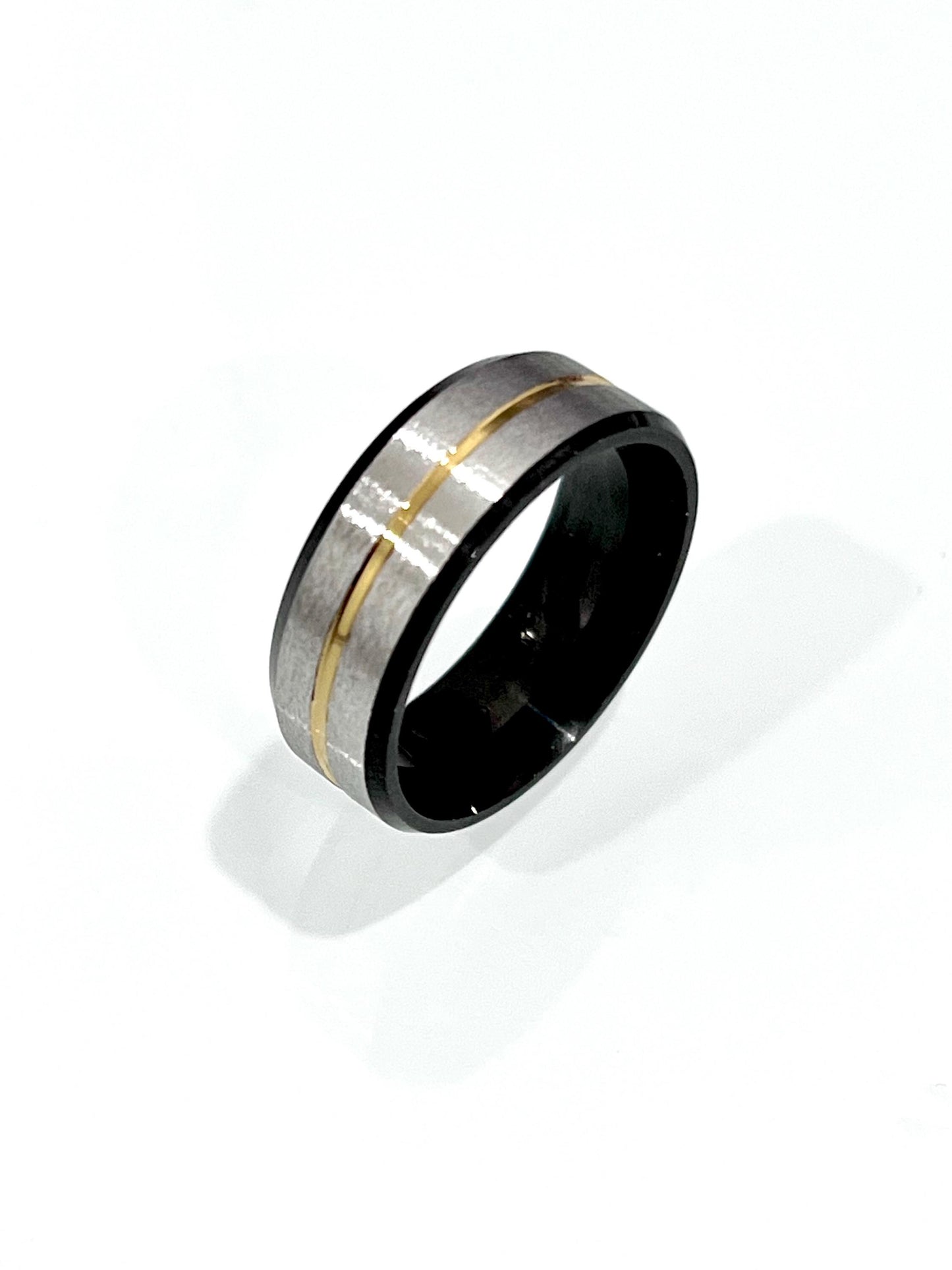 Gold Stripe, Silver, Black Stainless Ring, 8mm Band,