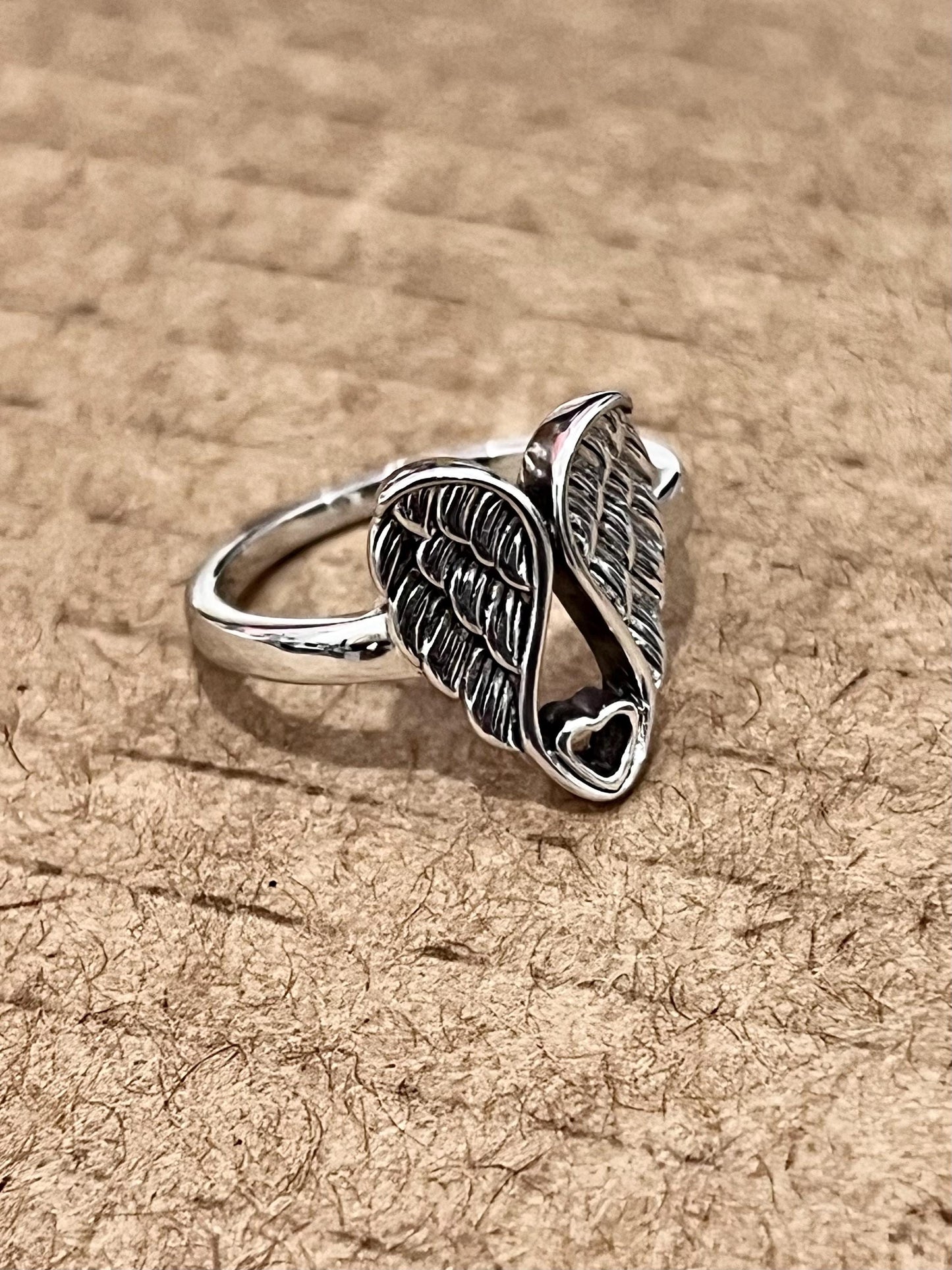 Sterling Silver Wings Ring: Heart Detail, Rhodium Plated