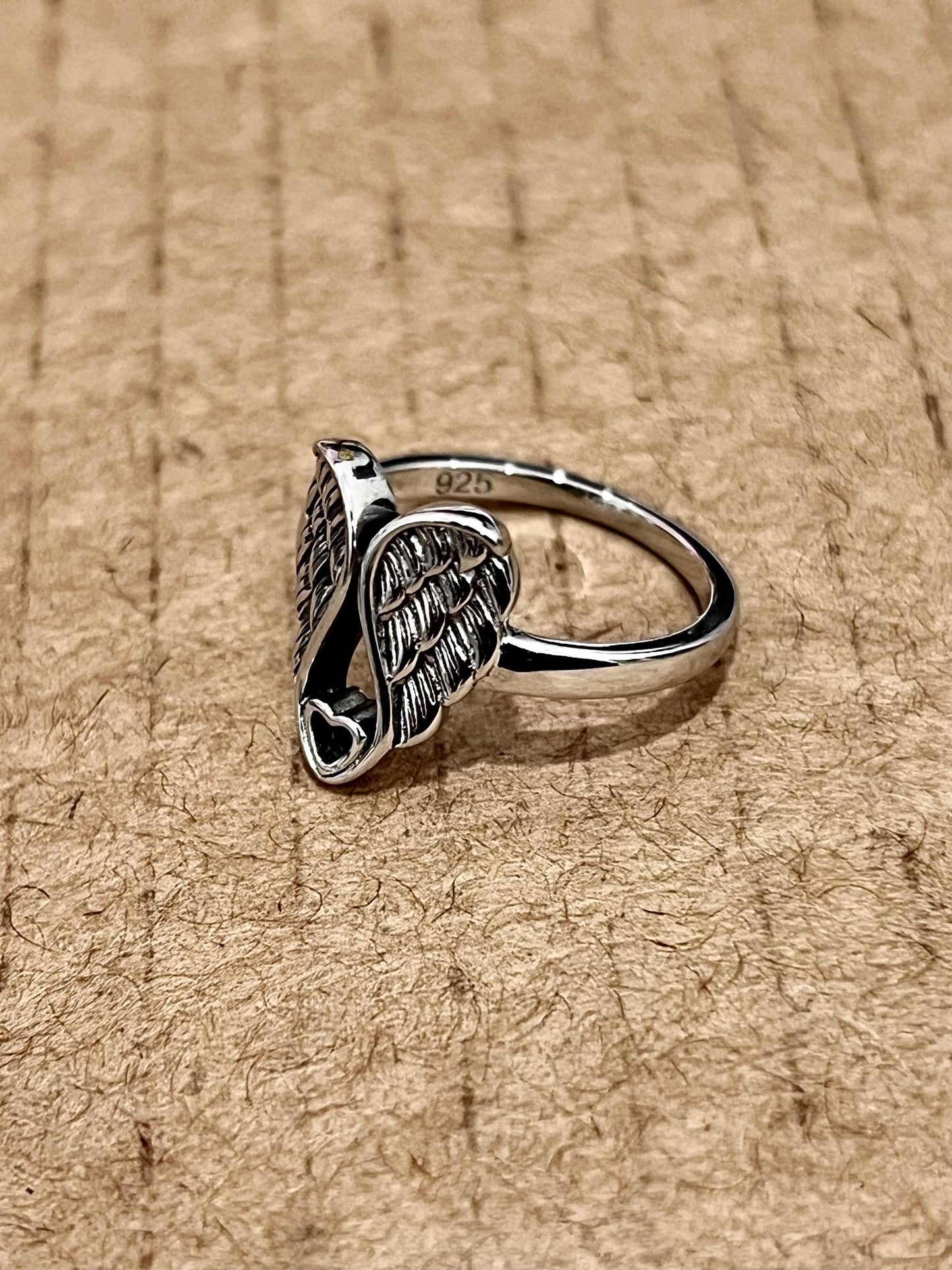 Sterling Silver Wings Ring: Heart Detail, Rhodium Plated