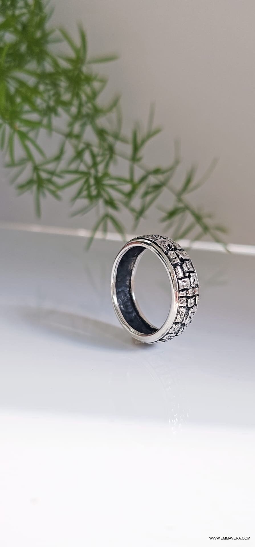 Stonework Sterling Silver Band: Rugged Men's Wedding Ring