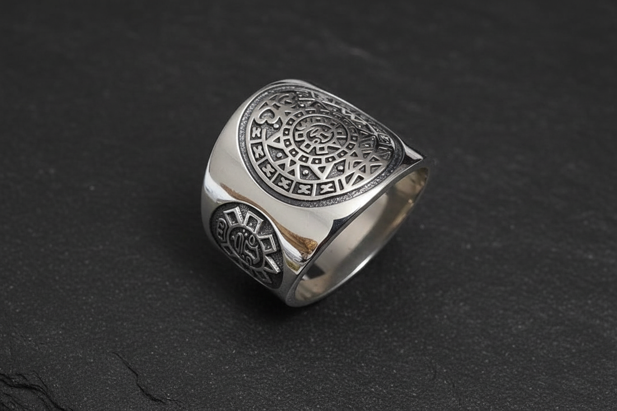 Sterling Silver Aztec Calendar Ring: Large Mens Band, Sizes 7-15