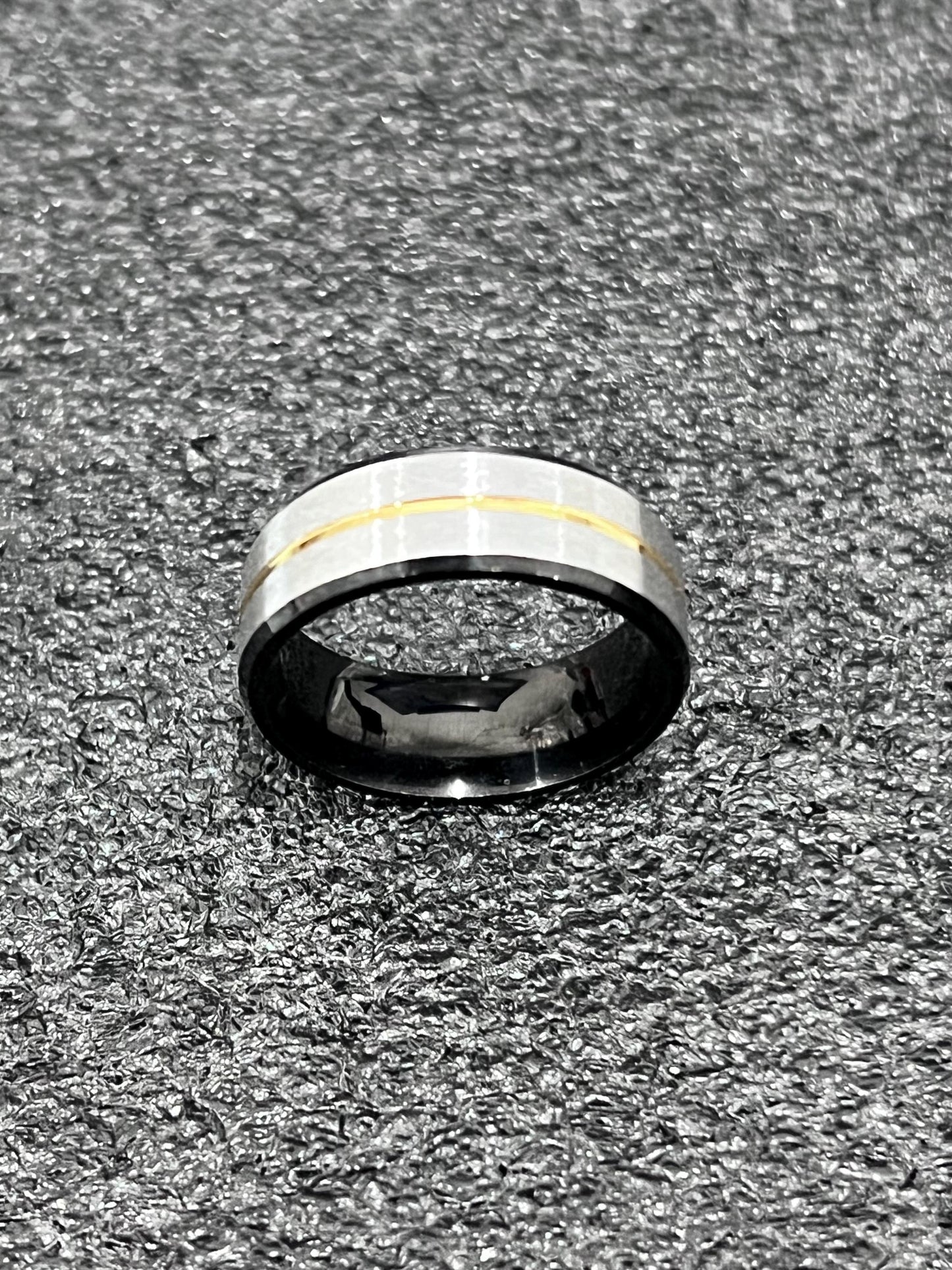 Gold Stripe, Silver, Black Stainless Ring, 8mm Band,