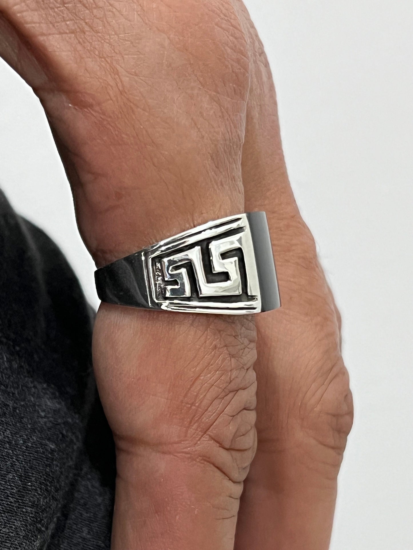 Greek Key Onyx Stone Men's Silver Ring