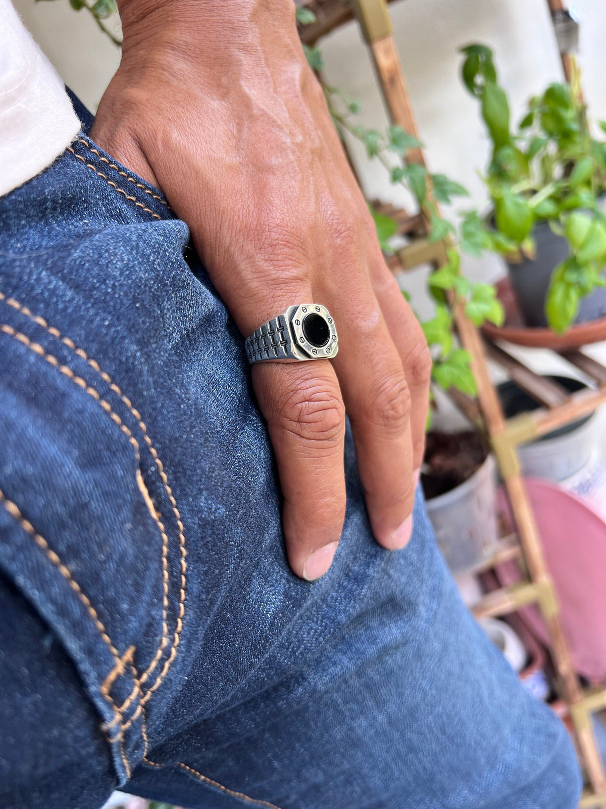 Hex Shaped Men's Onyx Statement Ring