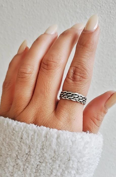 Oxidized Sterling Silver Chain Ring - Woven Band