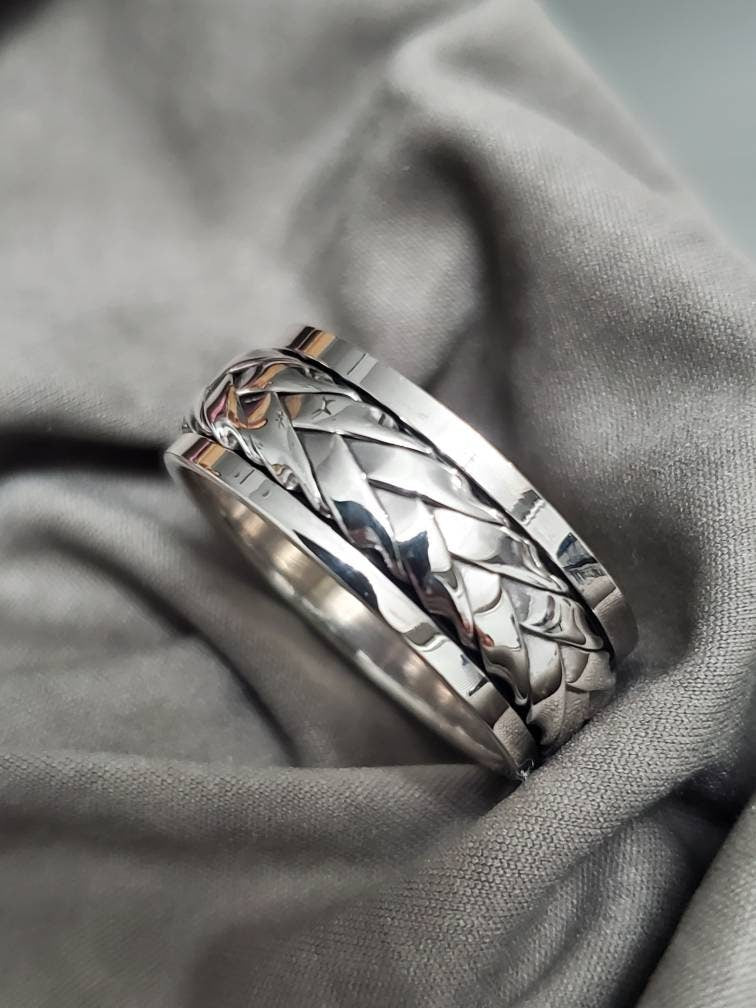 Woven Spinner Band, Sterling Silver 925 Men's Ring, 9mm Wedding Band, Engagement Band for Men