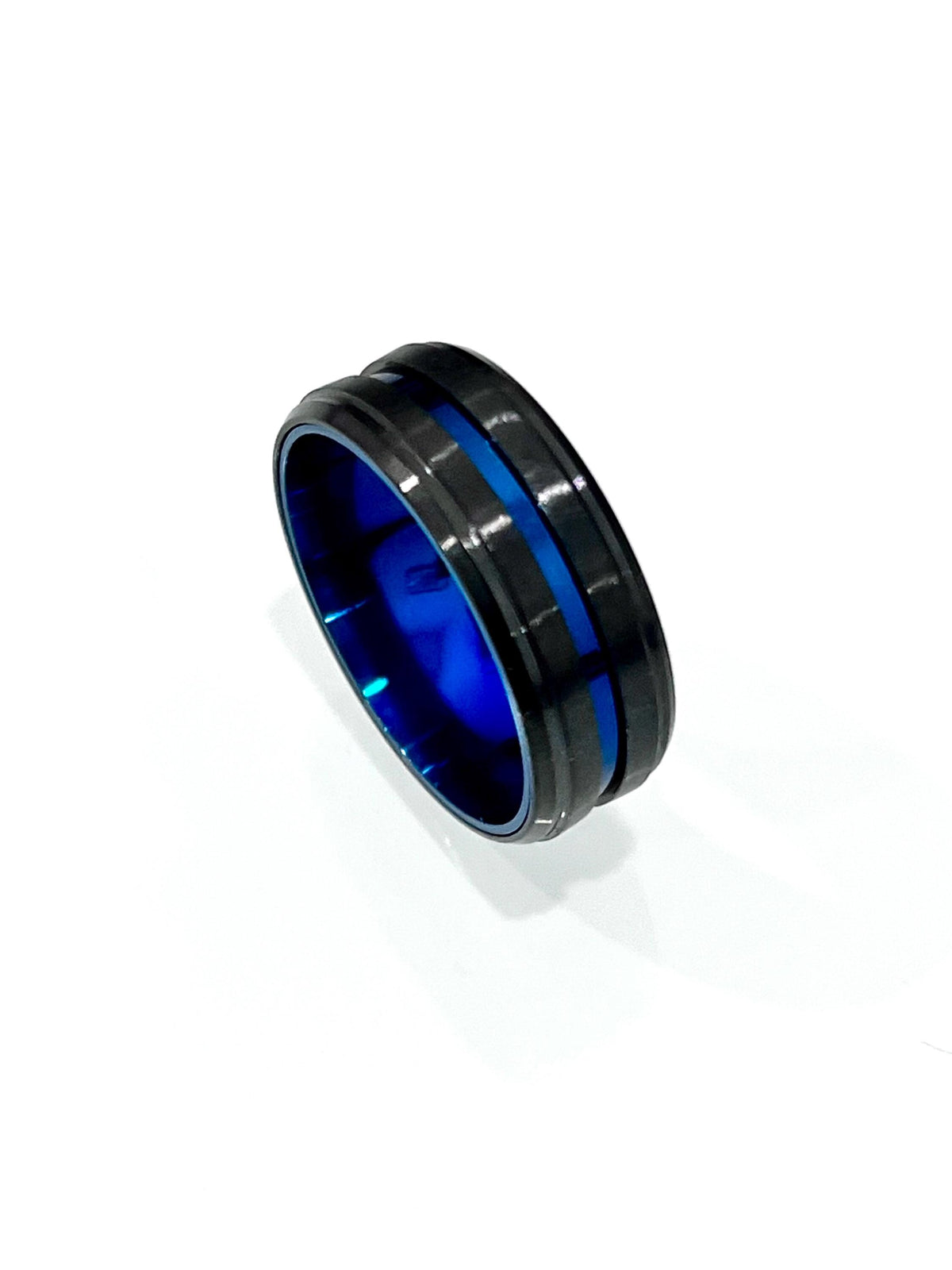 Blue Stripe Black Stainless Ring