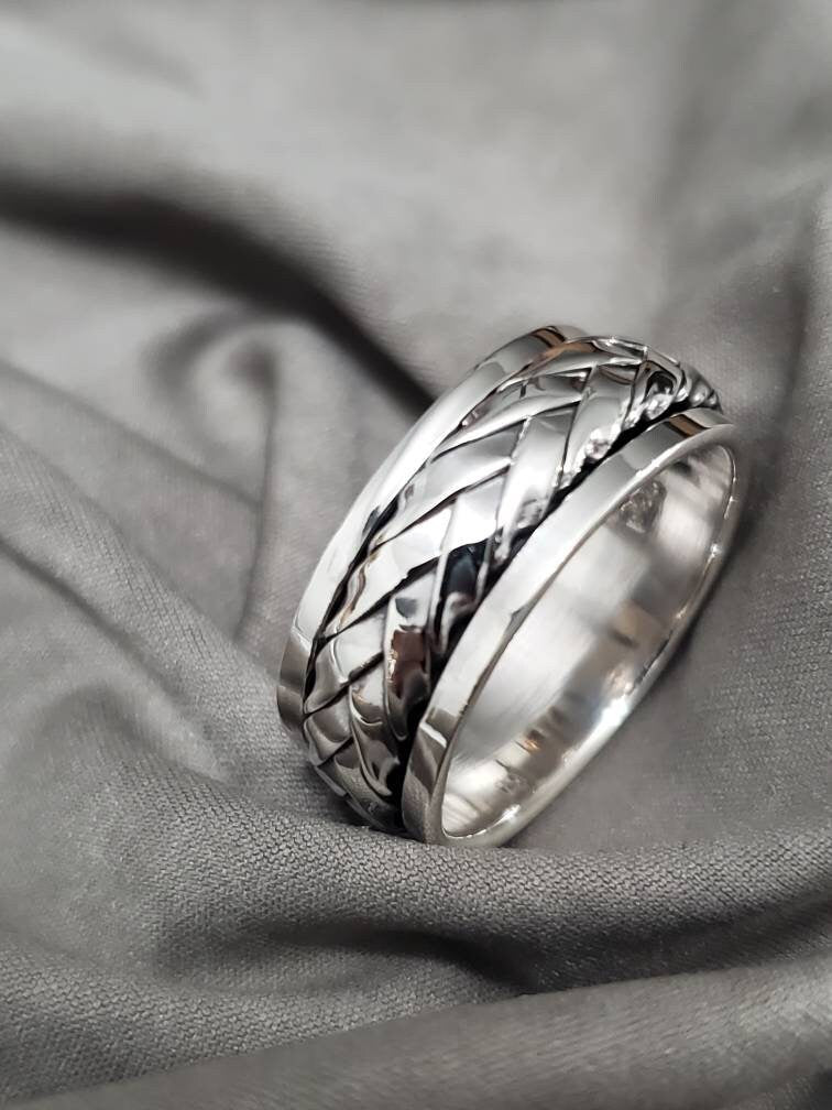 Woven Spinner Band, Sterling Silver 925 Men's Ring, 9mm Wedding Band, Engagement Band for Men