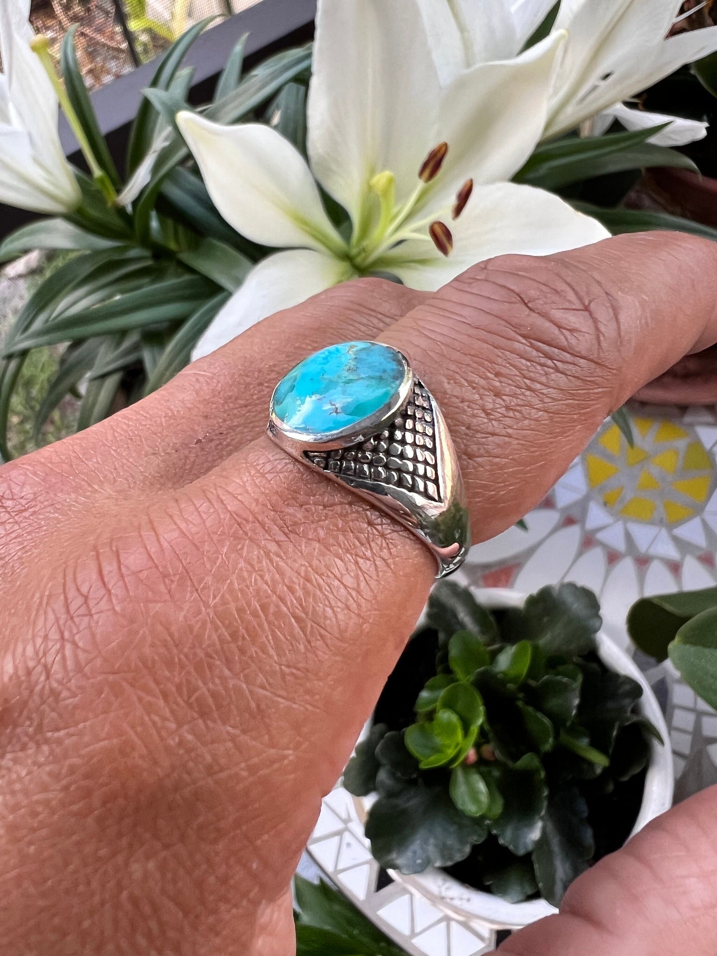 Turquoise Men's Ring, Sterling Silver Ring, 925 Stamped Ring, Signet Men's Band, Genuine Turquoise Stone for men