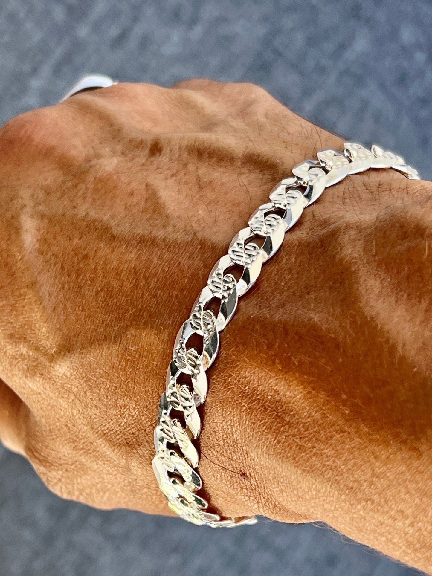 Chic Sterling Silver Men's Bracelet Paved Curb Flat