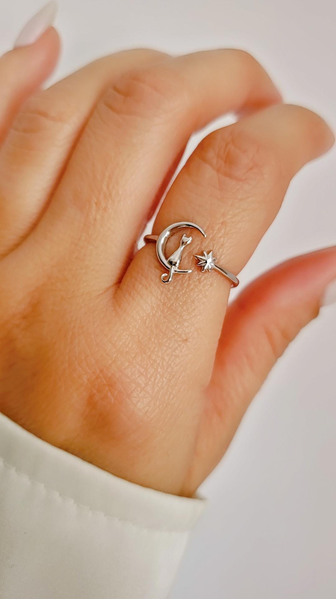 Cat on Moon Ring White Lab Opal or Plain Silver– Dainty Sterling Silver 925, Adjustable Thin Band, Cat & North Star Jewelry, Boho Gift