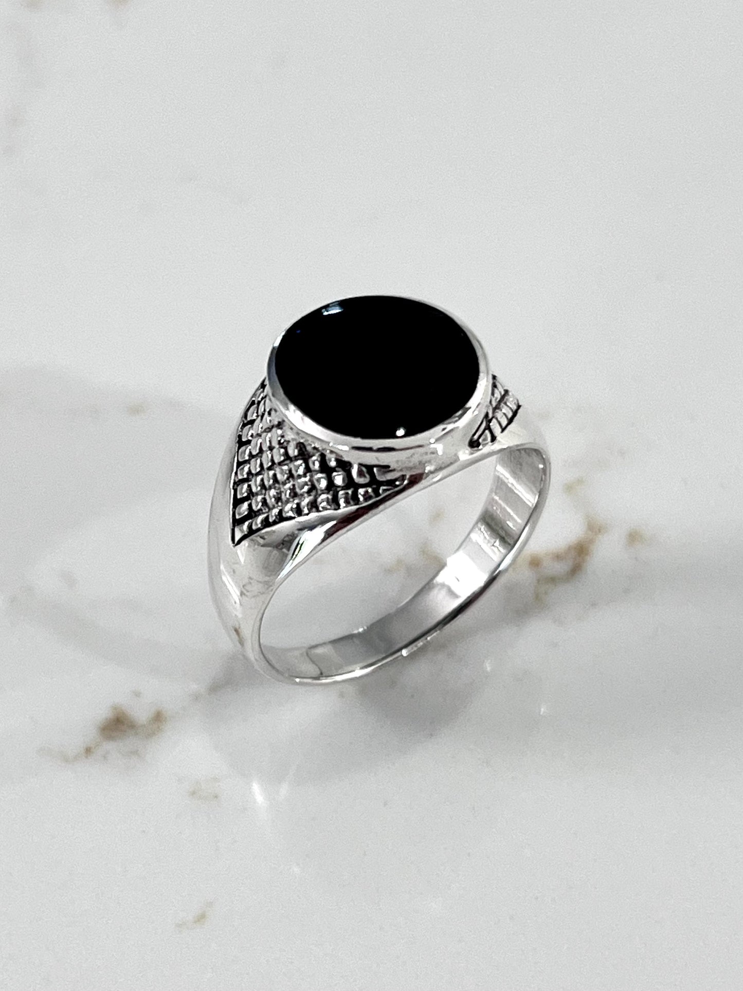 Black Onyx Sterling Silver Men's Signet Ring: Gothic Band
