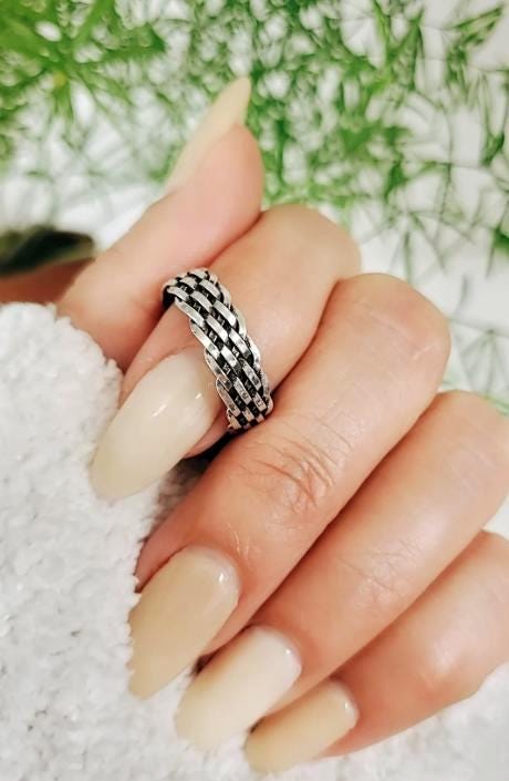 Oxidized Sterling Silver Chain Ring - Woven Band