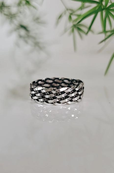 Oxidized Sterling Silver Chain Ring - Woven Band