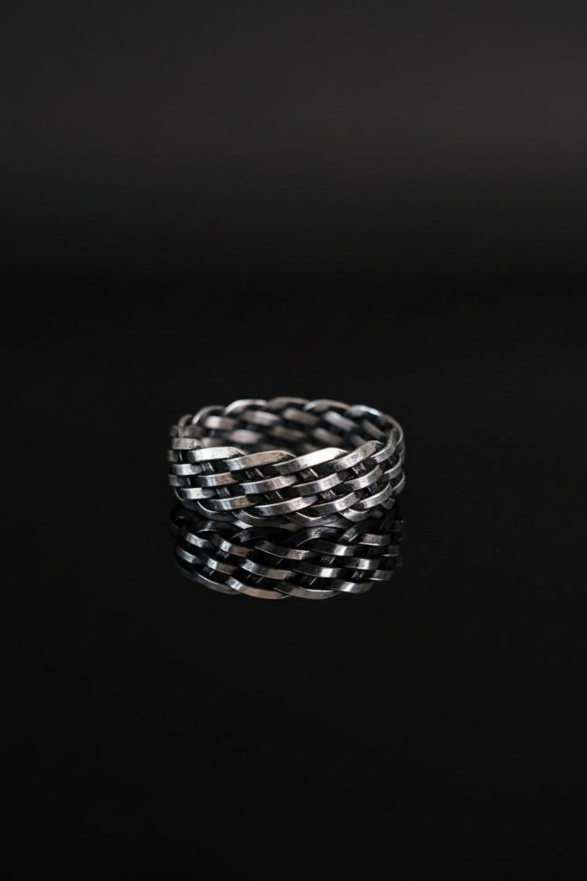 Oxidized Sterling Silver Chain Ring - Woven Band