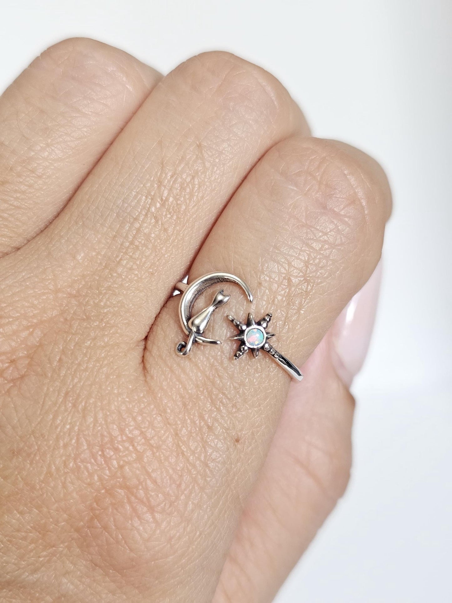 Cat on Moon Ring White Lab Opal or Plain Silver– Dainty Sterling Silver 925, Adjustable Thin Band, Cat & North Star Jewelry, Boho Gift