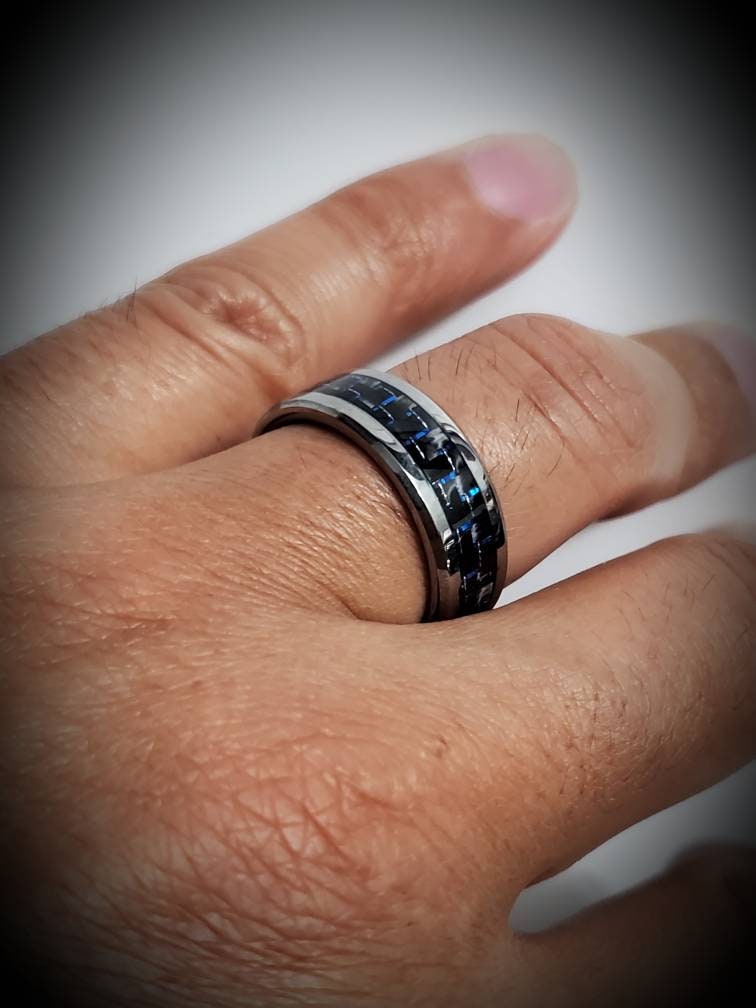 Tungsten Men's Ring, 8mm Ring With Dark Blue Carbon Fiber Inlay, Men's Statement Band