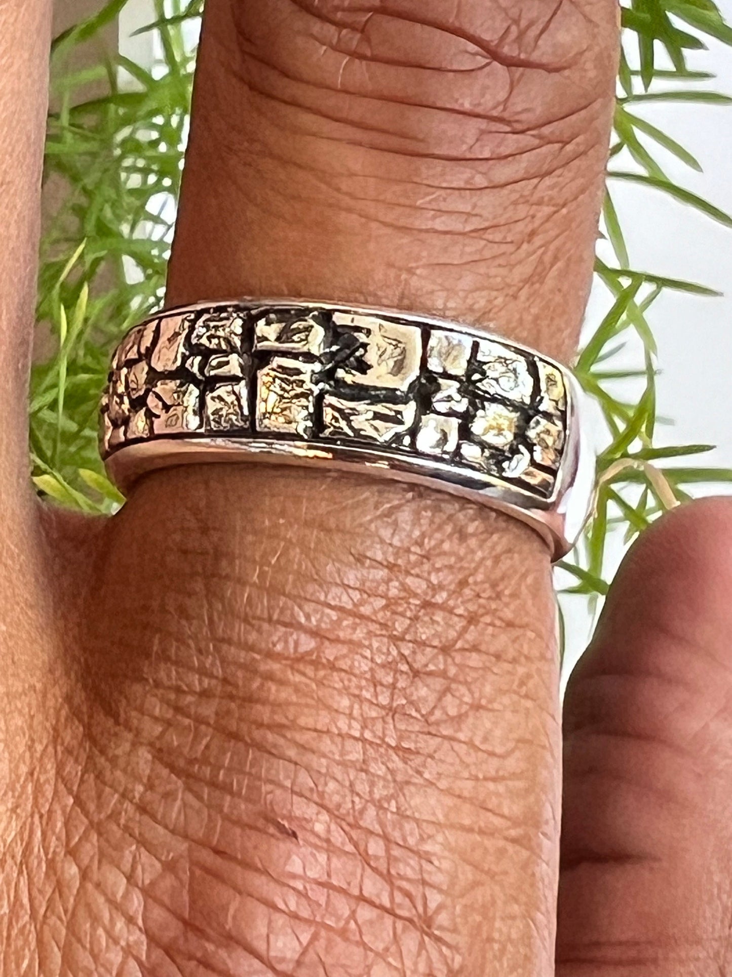 Stonework Sterling Silver Band: Rugged Men's Wedding Ring