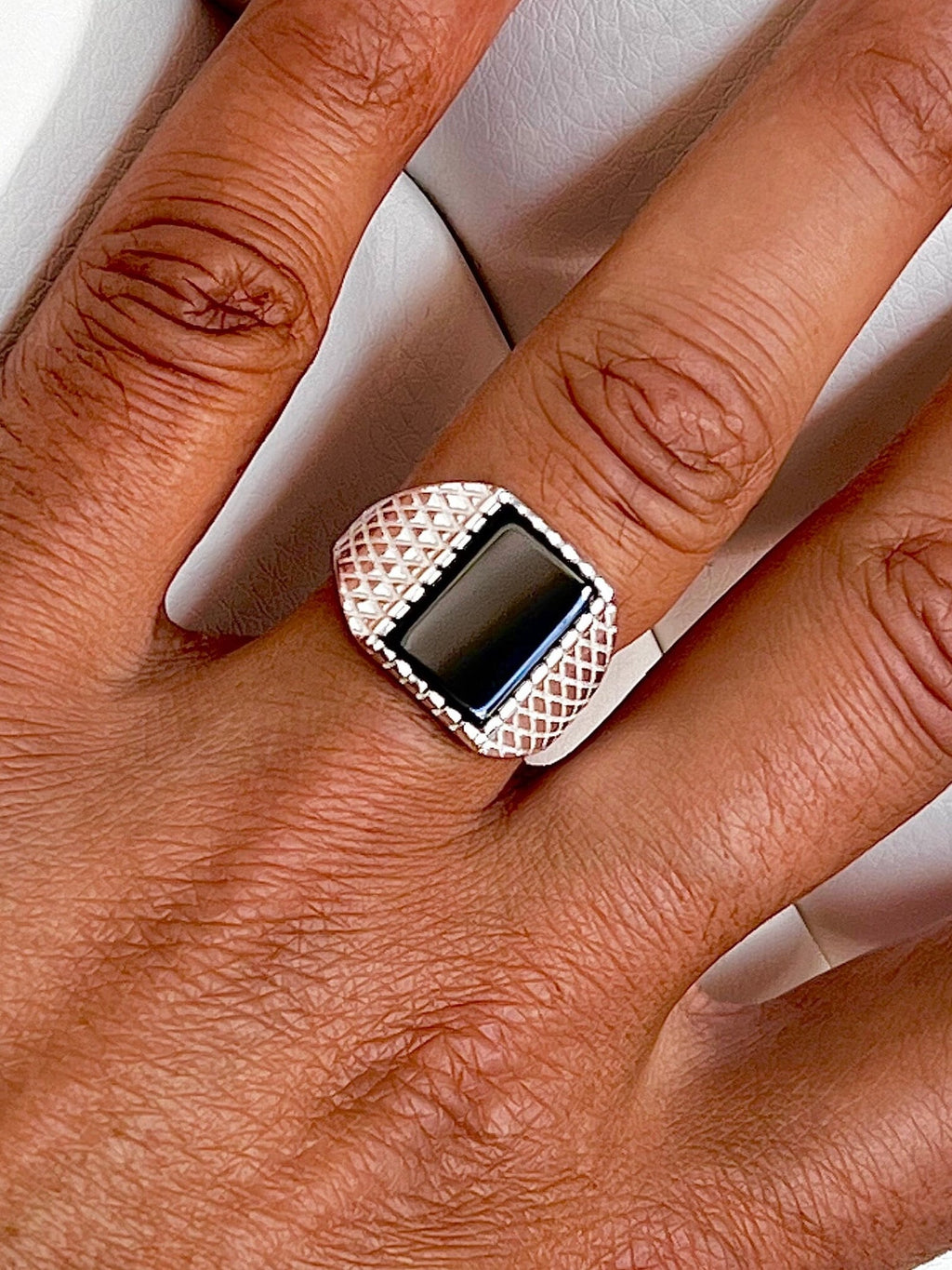 Square Black Onyx Men's Wedding Ring – 925 Sterling Silver