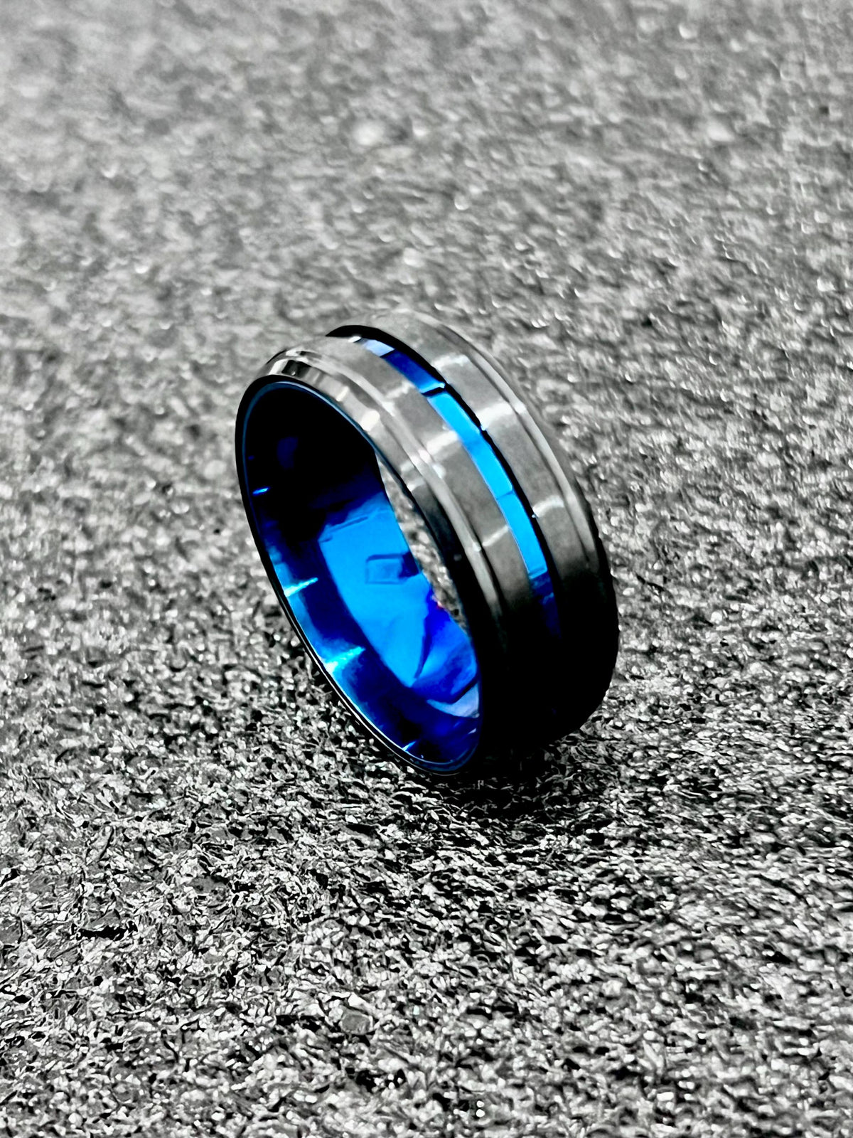 Blue Stripe Black Stainless Ring