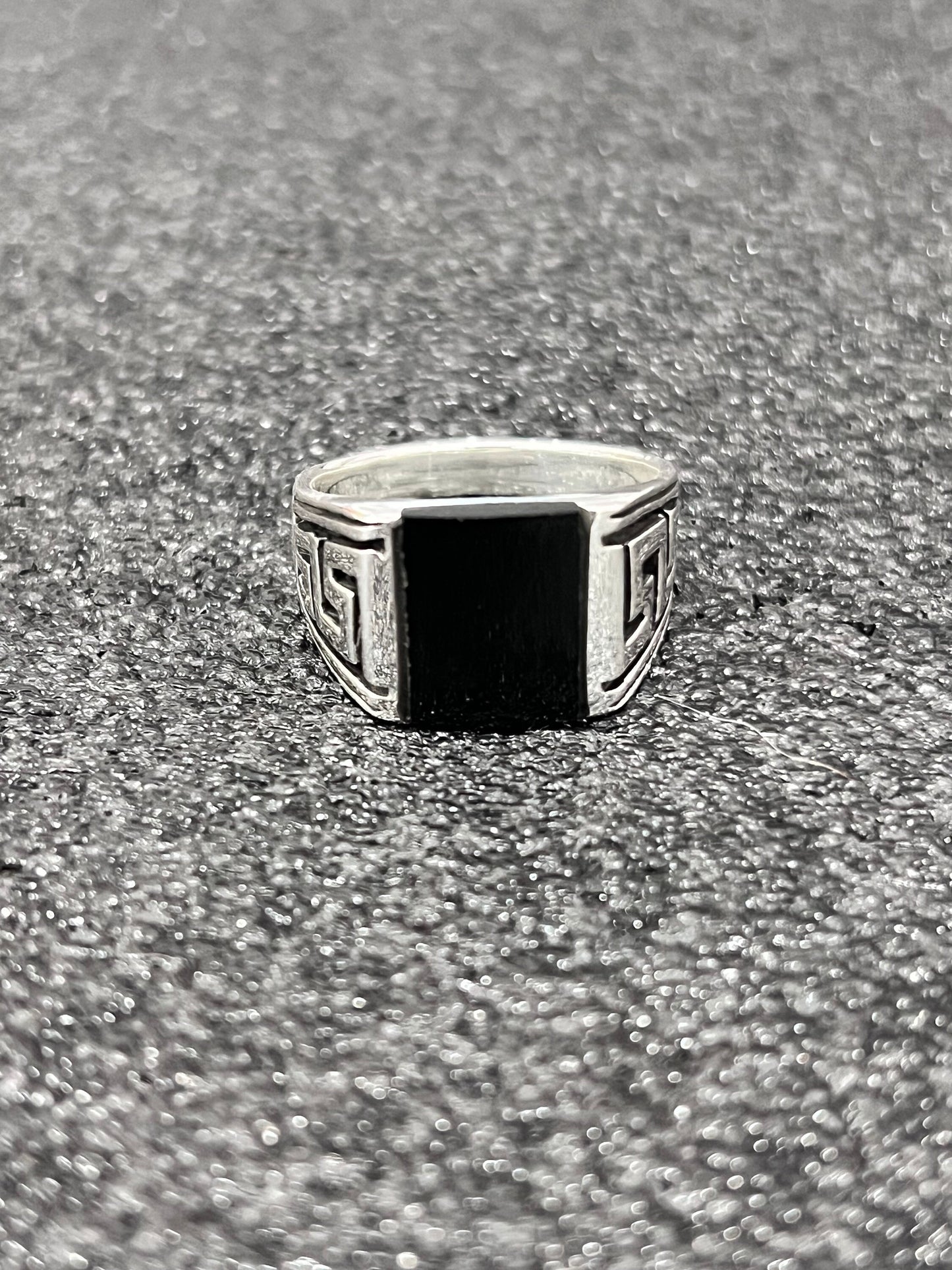 Greek Key Onyx Stone Men's Silver Ring