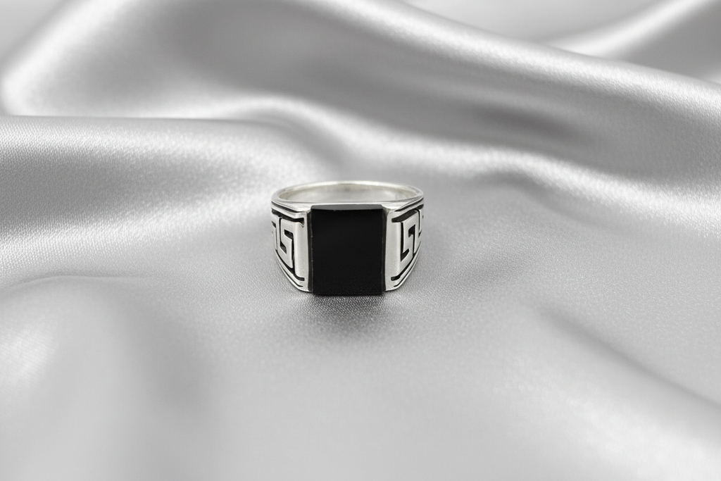Greek Key Onyx Stone Men's Silver Ring