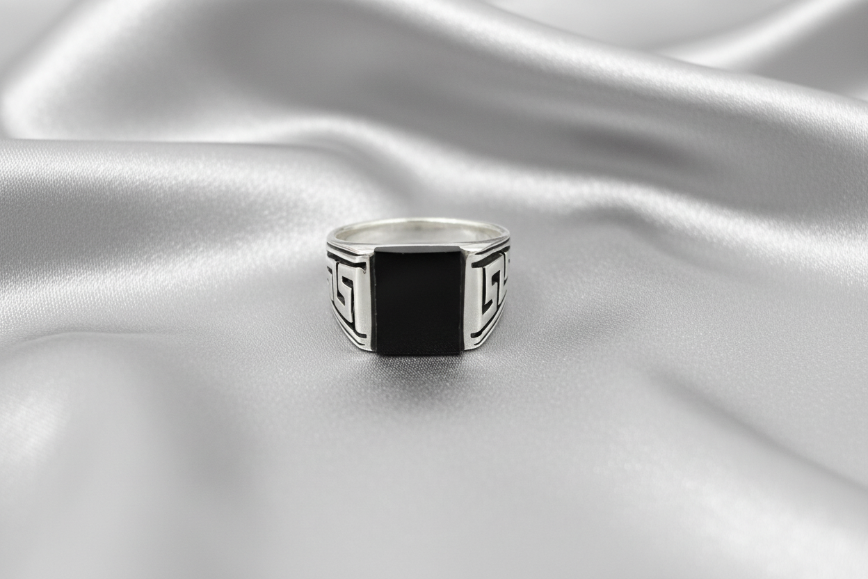 Greek Key Onyx Stone Men's Silver Ring