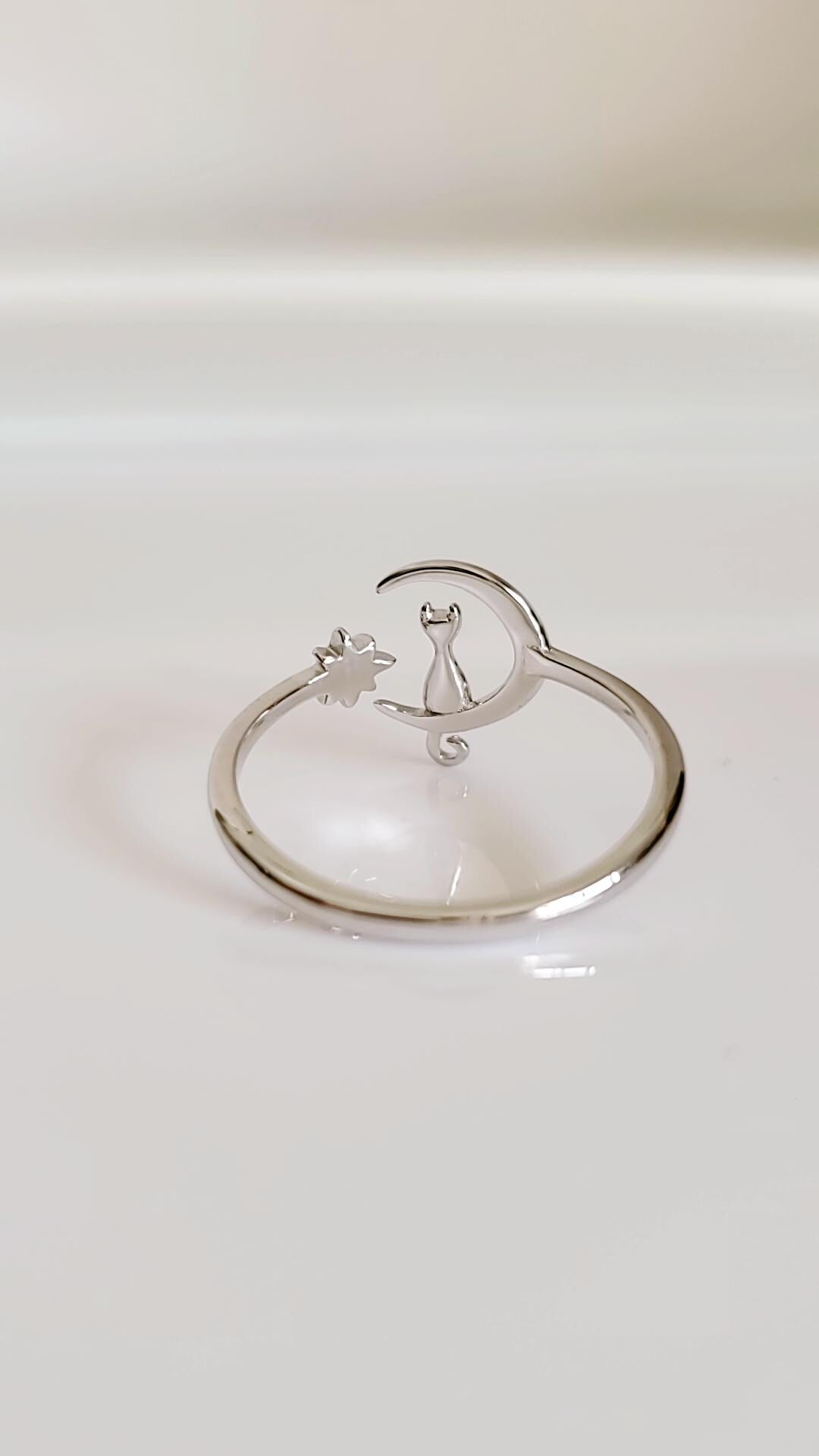 Cat on Moon White Opal Ring – 925 Sterling Silver