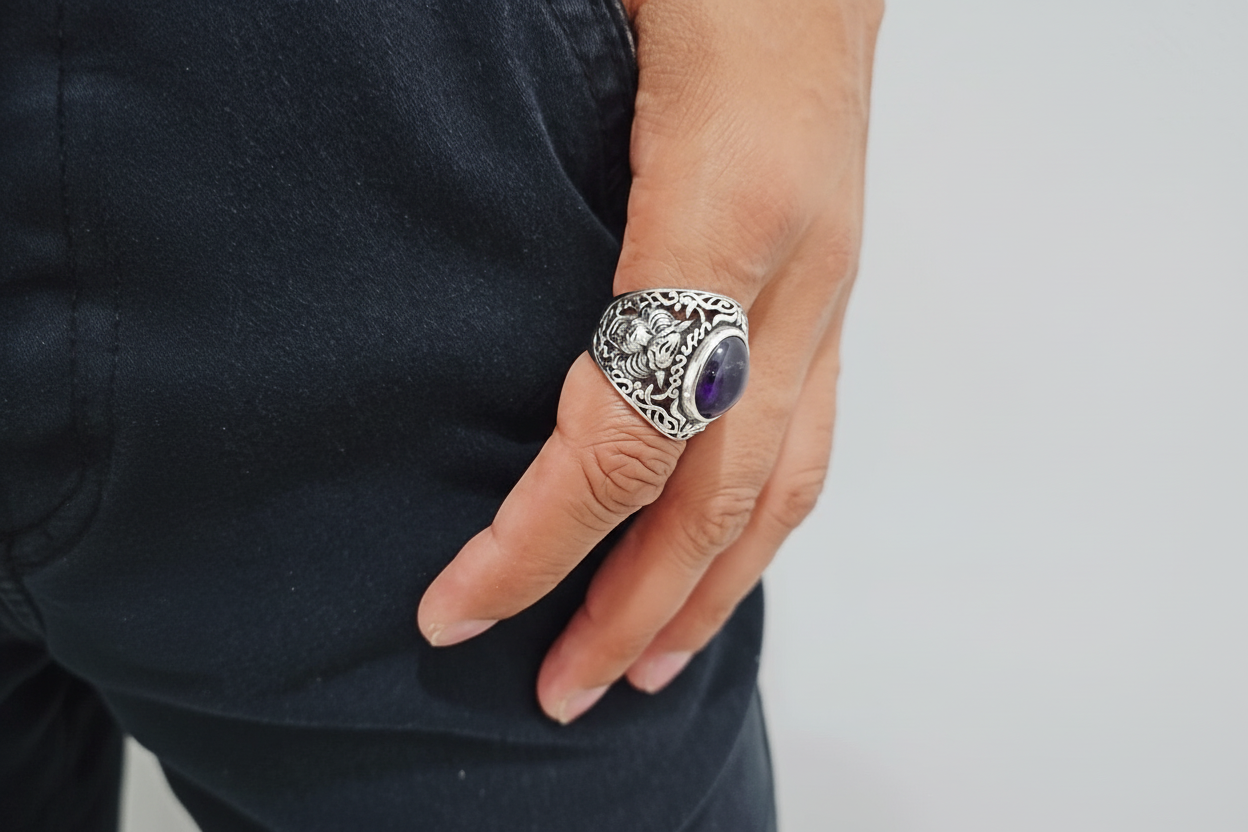Tiger Amethyst Signet Ring