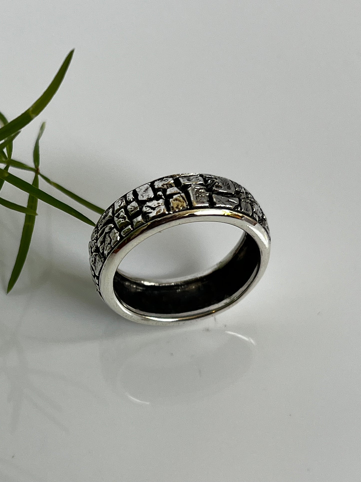 Stonework Sterling Silver Band: Rugged Men's Wedding Ring