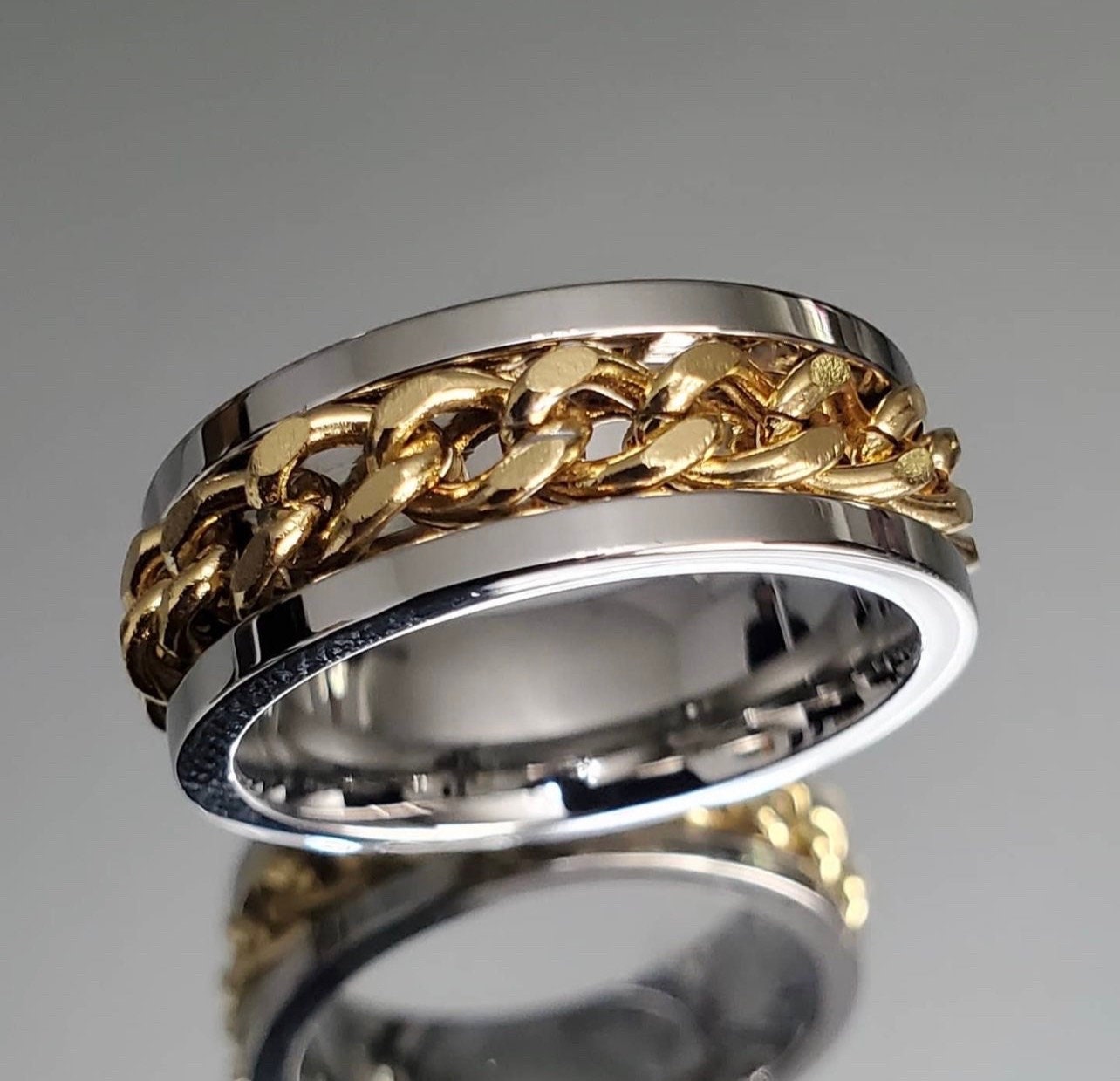 Two Tone Chain Spinner Ring, Engagement Rings, Fidget Friendly