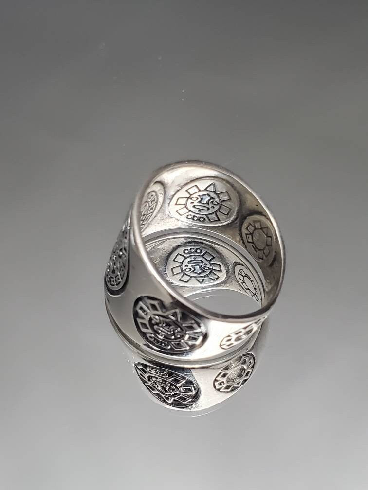 Sterling Silver Aztec Calendar Ring: Large Mens Band, Sizes 7-15