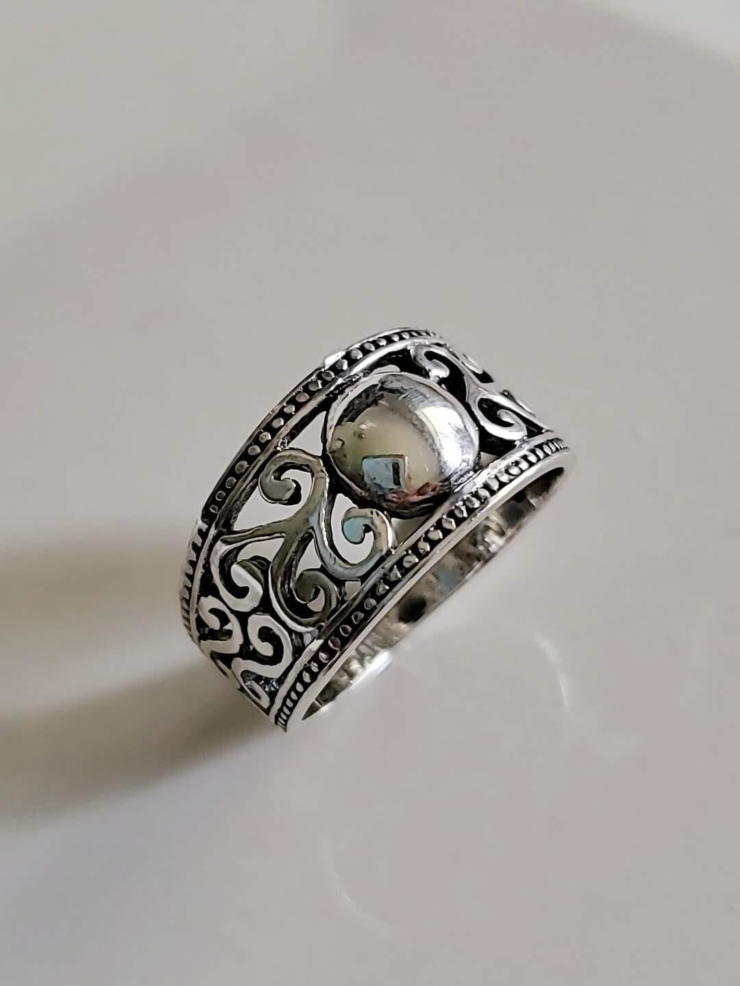 Bali Sterling Silver Dome Ring: Art Deco Boho Statement Jewelry