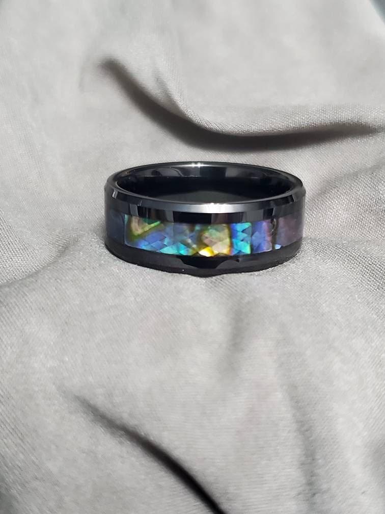 Paua Shell Tungsten  Sea Opal Ring Men's Ring