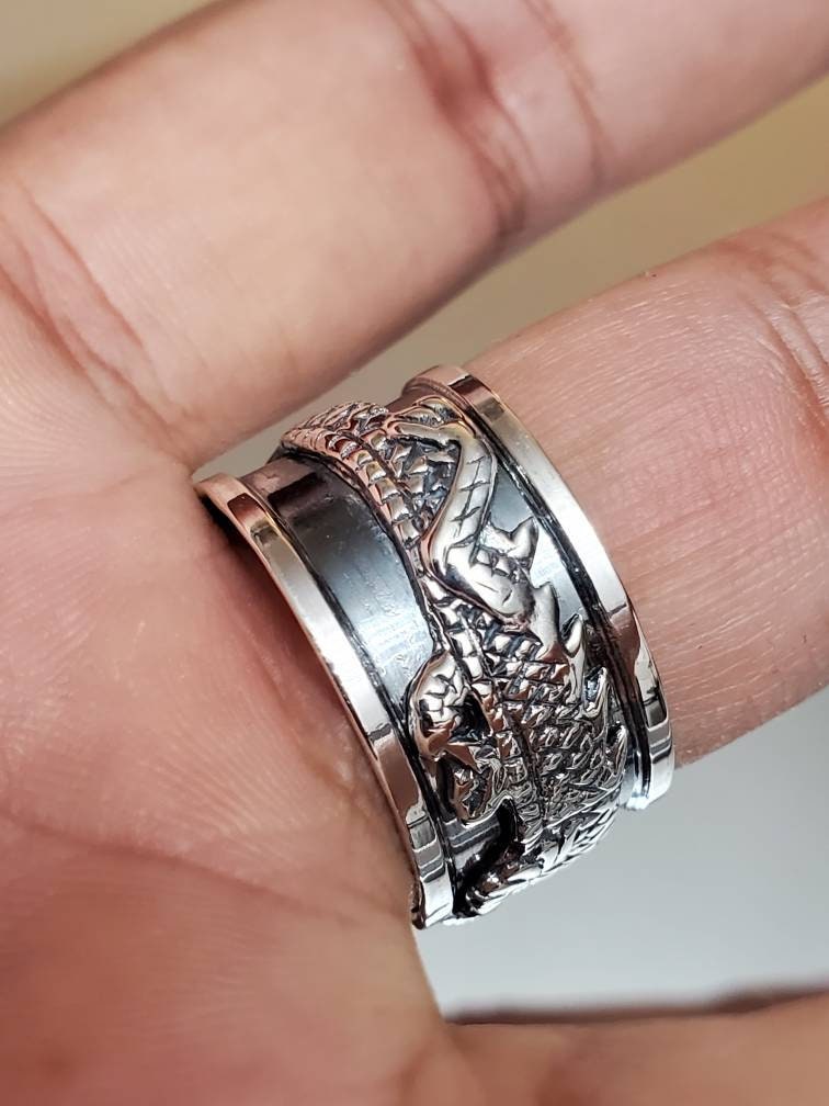 Wide Dragon Spinner Ring for Men: Tarnish-Free Sterling Silver Meditation Band