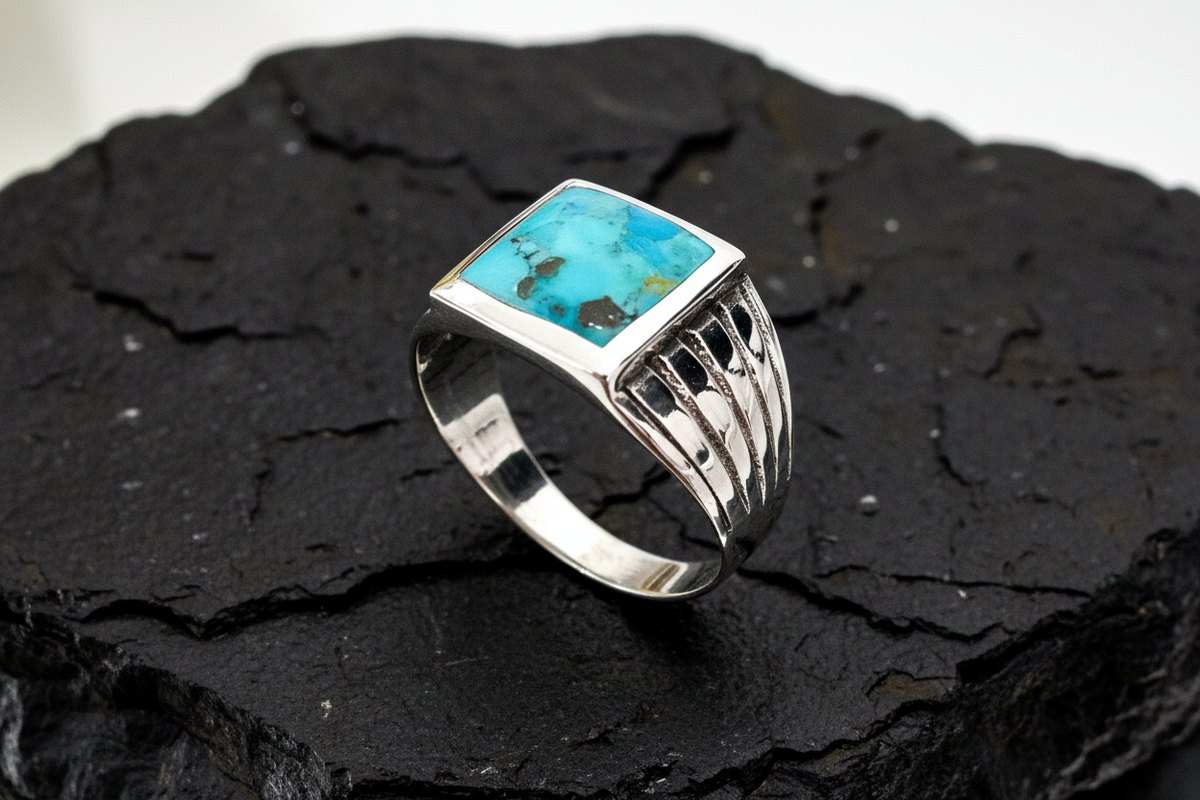 Men’s Sterling Silver Ring with Onyx & Turquoise