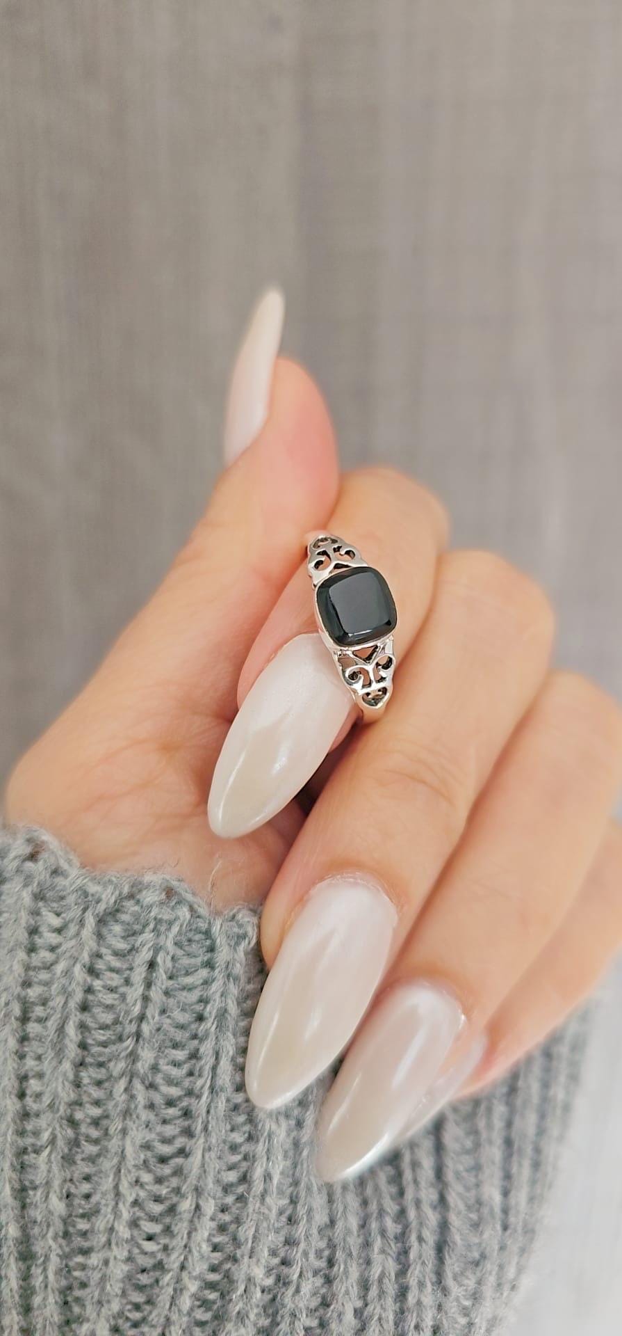 Onyx Sterling Silver Ring: Thin Band, Celtic Claddagh Design